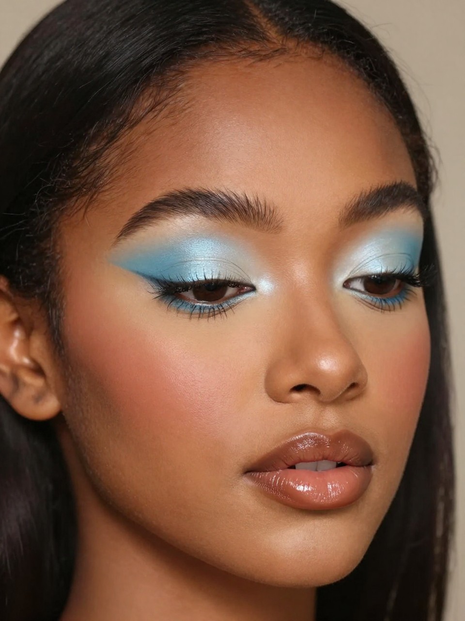 Super realistic close-up beauty portrait of a black woman wearing soft baby-blue shimmer eyeshadow across the lids with pale ivory blending, beige-rose blush, deep brown lip liner blended into caramel nude gloss, clean lifted lashes, softly polished brows, realistic skin texture with a fresh natural finish, shot from a three-quarter beauty angle, with soft vanity lighting that clearly reveals the baby-blue eye color, warm brown lip combo, and gloss shine, smooth side-part hair, softly blurred warm neutral background, feminine modern beauty photography, latest iPhone photo quality.