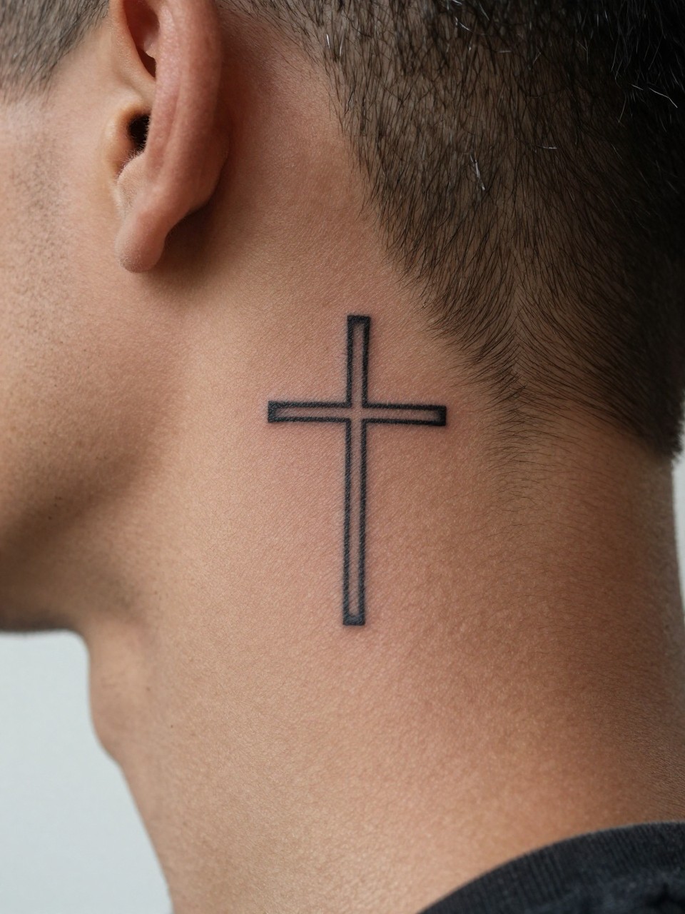  "extreme close-up of a small cross tattoo on deep brown skin at the side of the neck, crisp black ink, clean fine line design, minimalist masculine style, realistic skin texture, fresh haircut line visible, design-focused close-up, soft neutral background, modern tattoo inspiration photography (no watermarks on images)"