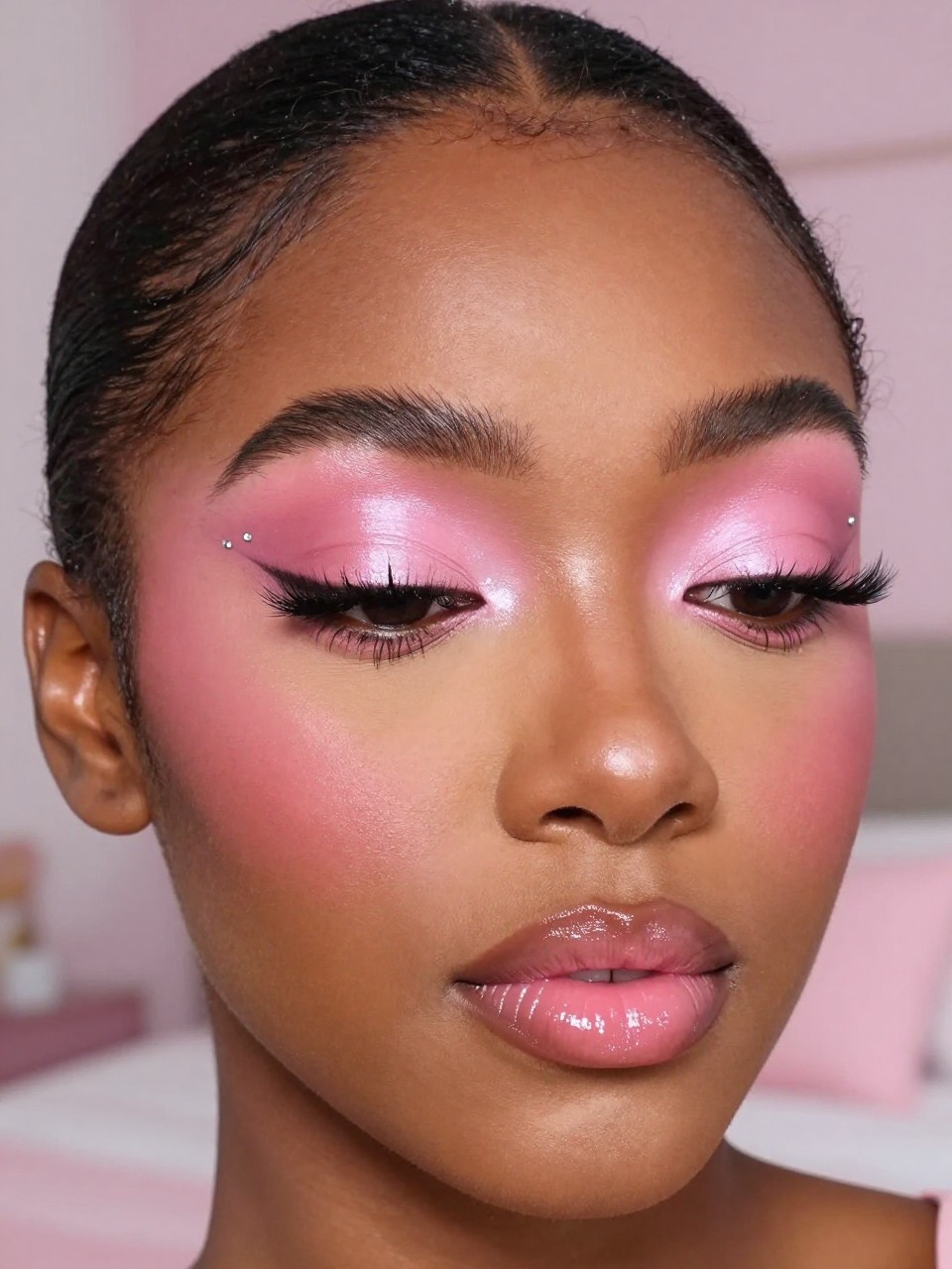 Super realistic close-up beauty portrait of a black woman wearing glossy bubblegum pink cream eyeshadow with a wet-lid effect, tiny crystal rhinestones placed at the inner and outer eye corners, fluttery separated lashes, bright cool pink blush, clear pink shimmer lip gloss, softly highlighted cupid’s bow, thin polished brows, realistic skin texture with a soft glow, shot from a three-quarter close-up, with soft vanity lighting that clearly shows the glossy eye finish, rhinestone sparkle, and lip shine, smooth pulled-back hair, blurred pastel bedroom-style background, feminine modern beauty photography, latest iPhone photo quality.