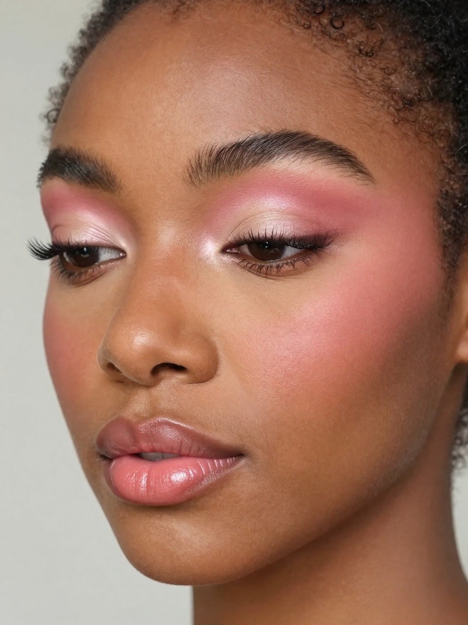 Super realistic close-up beauty portrait of a Black woman wearing dusty pink eyeshadow softly blended with muted beige edges, satin peach blush on the cheeks, satin peachy-pink lips, clean separated lashes, and softly brushed brows, shot from a three-quarter view, with diffused natural light that clearly reveals the gentle pink tones and believable skin finish, realistic skin texture, short sleek hair, minimal soft background, feminine modern beauty photography, latest iPhone photo quality (no watermarks on images).