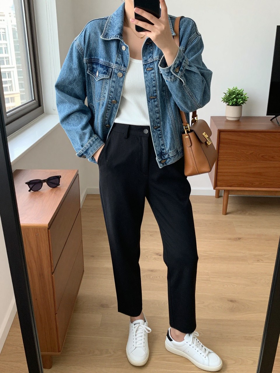 mirror selfie of a woman wearing the exact outfit described above, clearly showing a light wash relaxed-fit denim jean jacket, fitted white ribbed tank, black straight-leg trousers in soft woven fabric, white leather sneakers, and a tan crossbody bag with gold hardware, holding a phone in front of a mirror, cropped at NECK so the face does not show, with a relaxed casual selfie pose, in a stylish city apartment, natural window light, including sunglasses placed on a dresser and a small plant on a dresser, latest iPhone photo quality.