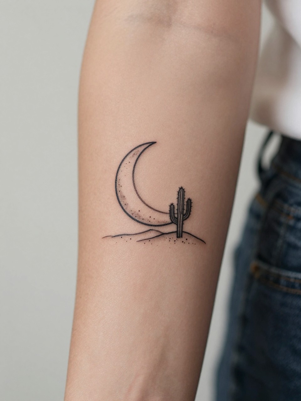 "extreme close-up of a tiny desert moon scene boho flash tattoo on women's forearm, black ink, fine line crescent moon, small cactus and simple ground detail, clean earthy boho style, realistic skin texture, soft neutral background, design-focused feminine tattoo inspiration photography (no watermarks on images)"