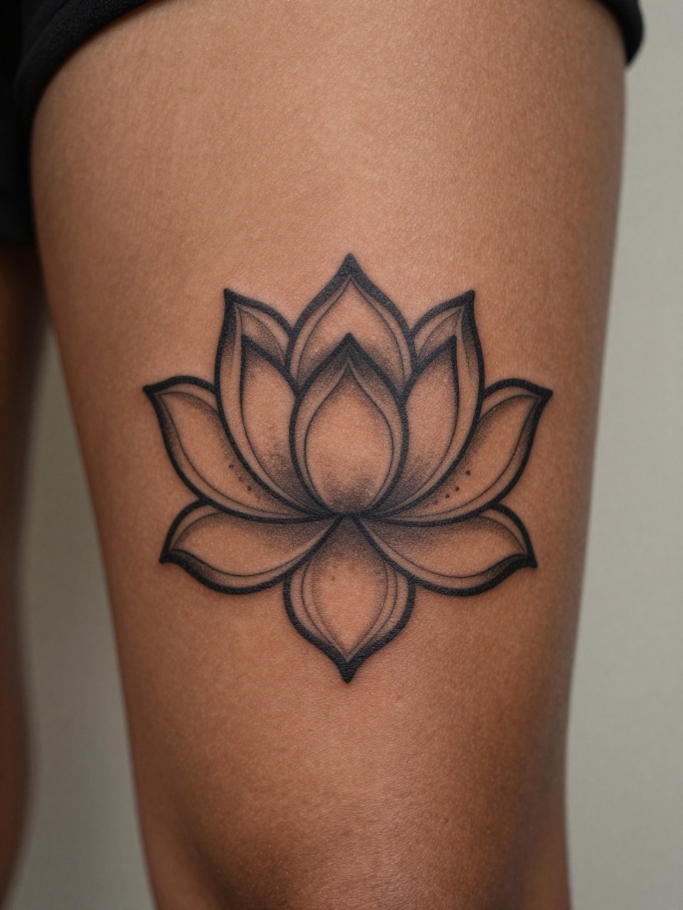 "extreme close-up of a lotus mandala tattoo on deep brown skin at the upper thigh, black ink, clean symmetrical linework, soft dotwork accents, layered lotus petals, realistic skin texture, satin slip edge visible, design-focused close-up, soft neutral background, feminine tattoo inspiration photography (no watermarks on images)"