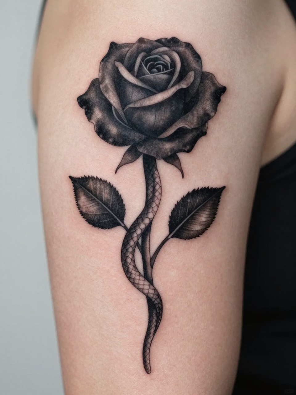 "extreme close-up of a black rose and snake tattoo on skin, deep black bloom, slim snake wrapped around the stem, fine scale detail, soft shading, realistic skin texture, design-first composition, soft minimal background, modern tattoo inspiration photography (no watermarks on images)"