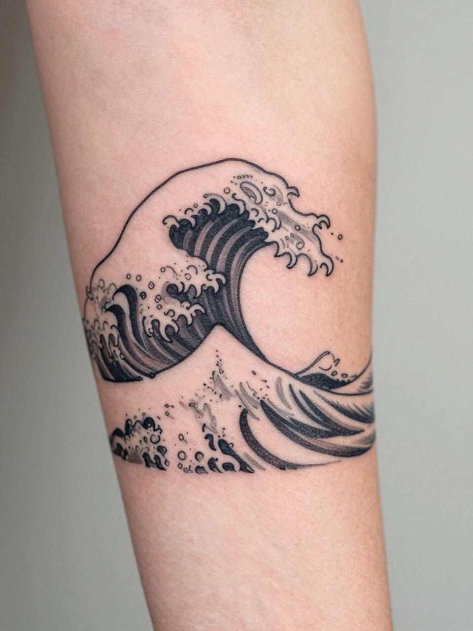 macro shot of a minimal Japanese wave outline tattoo on the inner arm, clean black ink, crisp fine traditional-inspired linework, almost no shading, minimalist composition, realistic skin texture, tight crop, design-first tattoo image, soft neutral background, tattoo inspiration image (no watermarks on images)