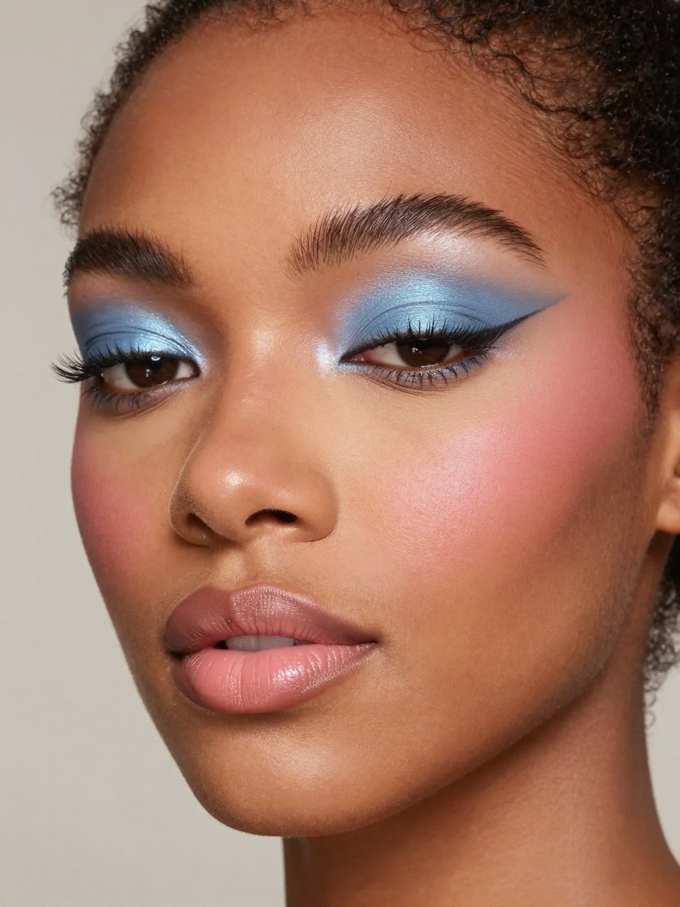 Super realistic close-up beauty portrait of a black woman wearing powder blue shimmer eyeshadow on the lids with a cool taupe crease, soft brown eyeliner, lifted lashes, smooth satin skin, light pink blush, nude pink satin lips, and shaped fluffy brows, shot from a three-quarter view, with soft beauty studio lighting that clearly reveals the shimmer, liner detail, and skin finish, realistic skin texture, sleek hair tucked behind one ear, minimal soft backdrop, feminine modern beauty photography, latest iPhone photo quality (no watermarks on images).