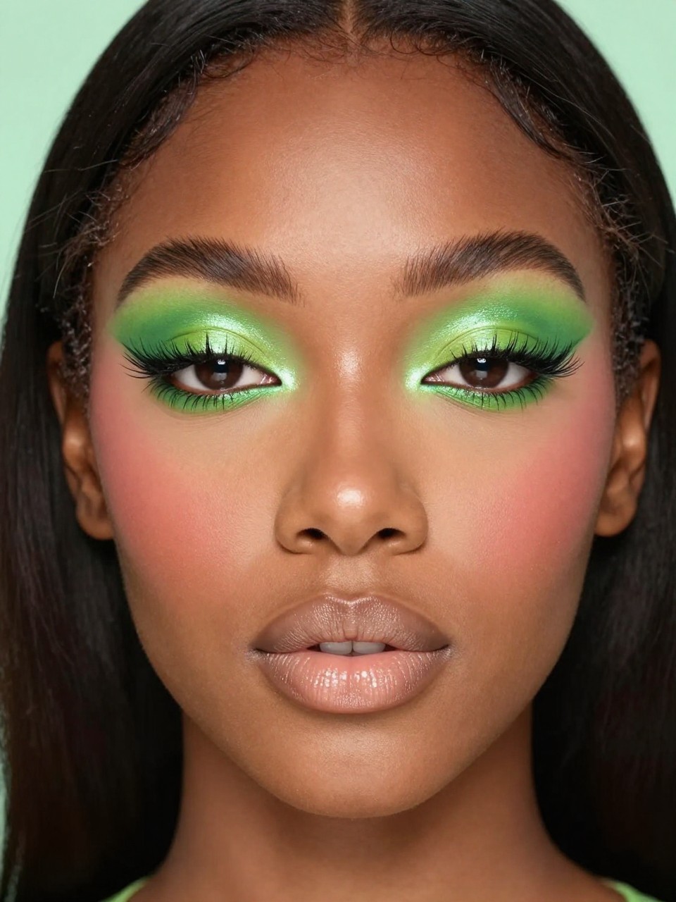 Super realistic close-up beauty portrait of a black woman wearing vibrant lime-green Y2K shimmer eyeshadow across the lids with softly blended olive edges, thin black pencil liner, separated spiky lashes, peach-pink blush, frosted beige lips, satin skin with realistic texture, lightly highlighted inner corners, thin arched brows, shot from a front-facing portrait, with clear vanity lighting that reveals the bright green shimmer, frosted lip finish, and skin texture, sleek shoulder-length hair, softly blurred mint-toned background, feminine modern beauty photography, latest iPhone photo quality.