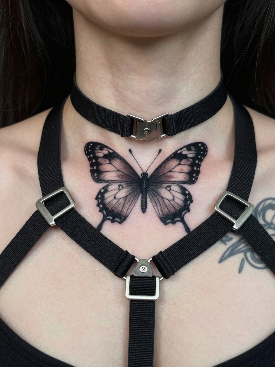 "Front-facing view of the neck: an intricate tattoo harness with straps and buckles, a butterfly at the center where a clasp would be. Edgy and decorative."