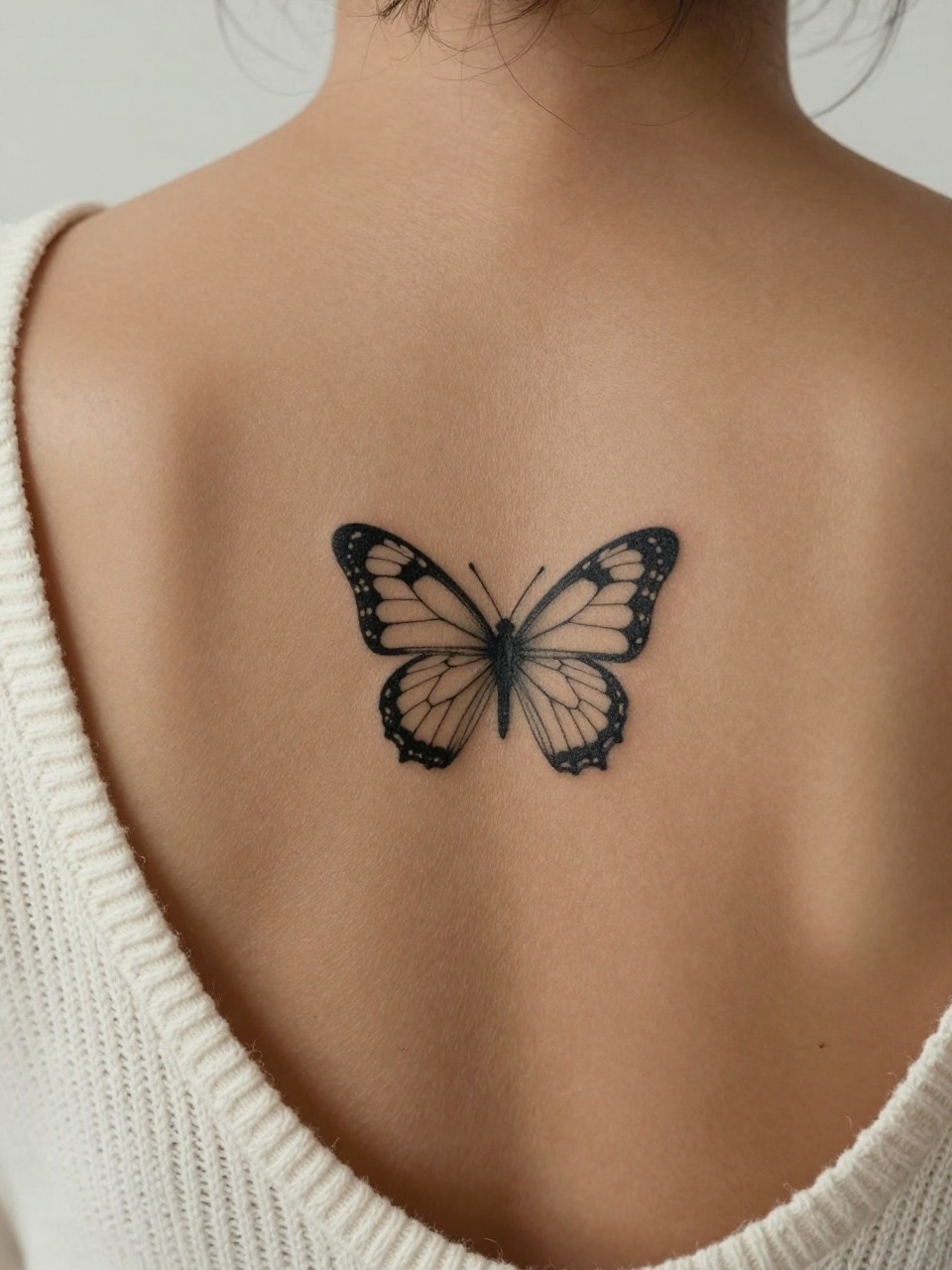 extreme close-up of tiny butterfly tattoos down the spine on dark skin, clean black ink, fine line wings, soft delicate detail, realistic skin texture, open-back knit top visible, soft minimal background, design-focused feminine tattoo inspiration photography (no watermarks on images)
