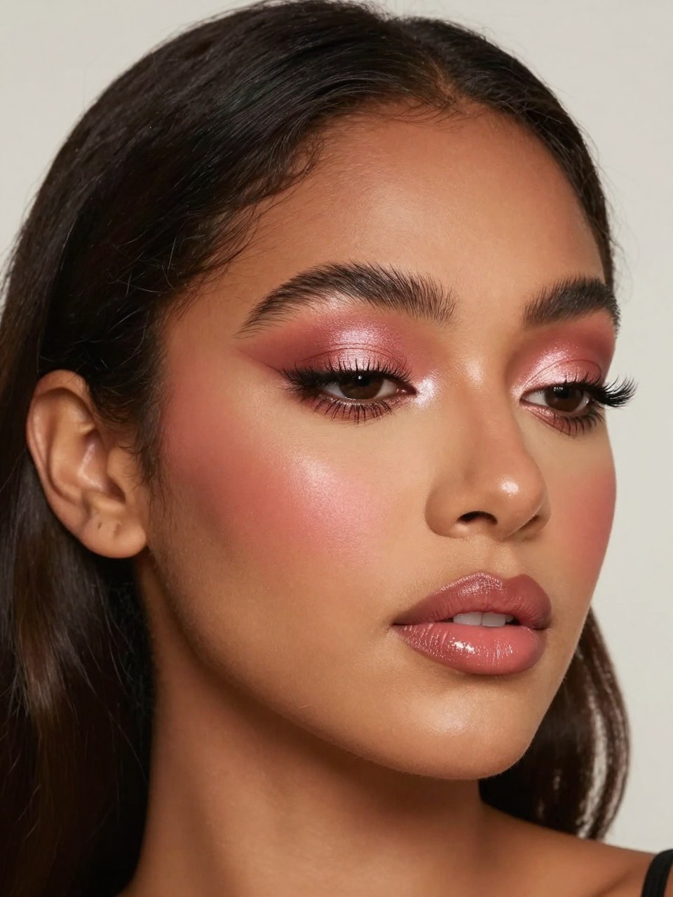 Super realistic close-up beauty portrait of a black latina woman wearing pink bronze shimmer eyeshadow with rosy-brown blending, warm rose blush, rose gold highlight, rosy nude glossy lips, and fluttery lashes, shot from a three-quarter view, with diffused beauty studio lighting that clearly reveals the makeup texture and color, realistic skin texture, softly styled hair, minimal background, feminine modern beauty photography, latest iPhone photo quality.
