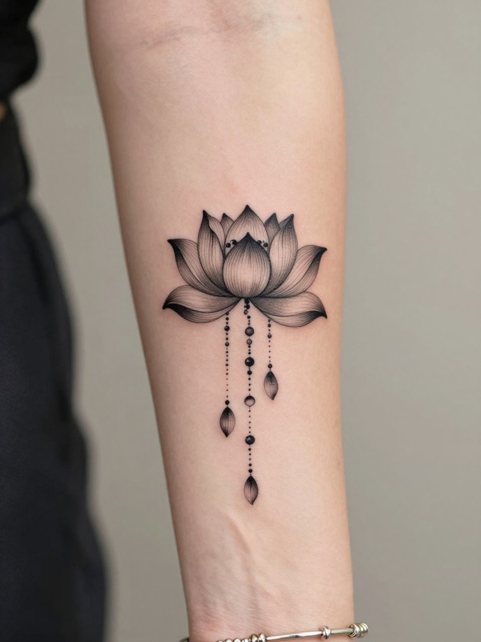 "close-up of a lotus with hanging beads boho flash tattoo on women's forearm, black ink, fine line lotus petals, delicate bead details, spiritual feminine boho design, realistic skin texture, bracelet nearby, design-focused close-up, blurred neutral background, modern tattoo photography (no watermarks on images)"