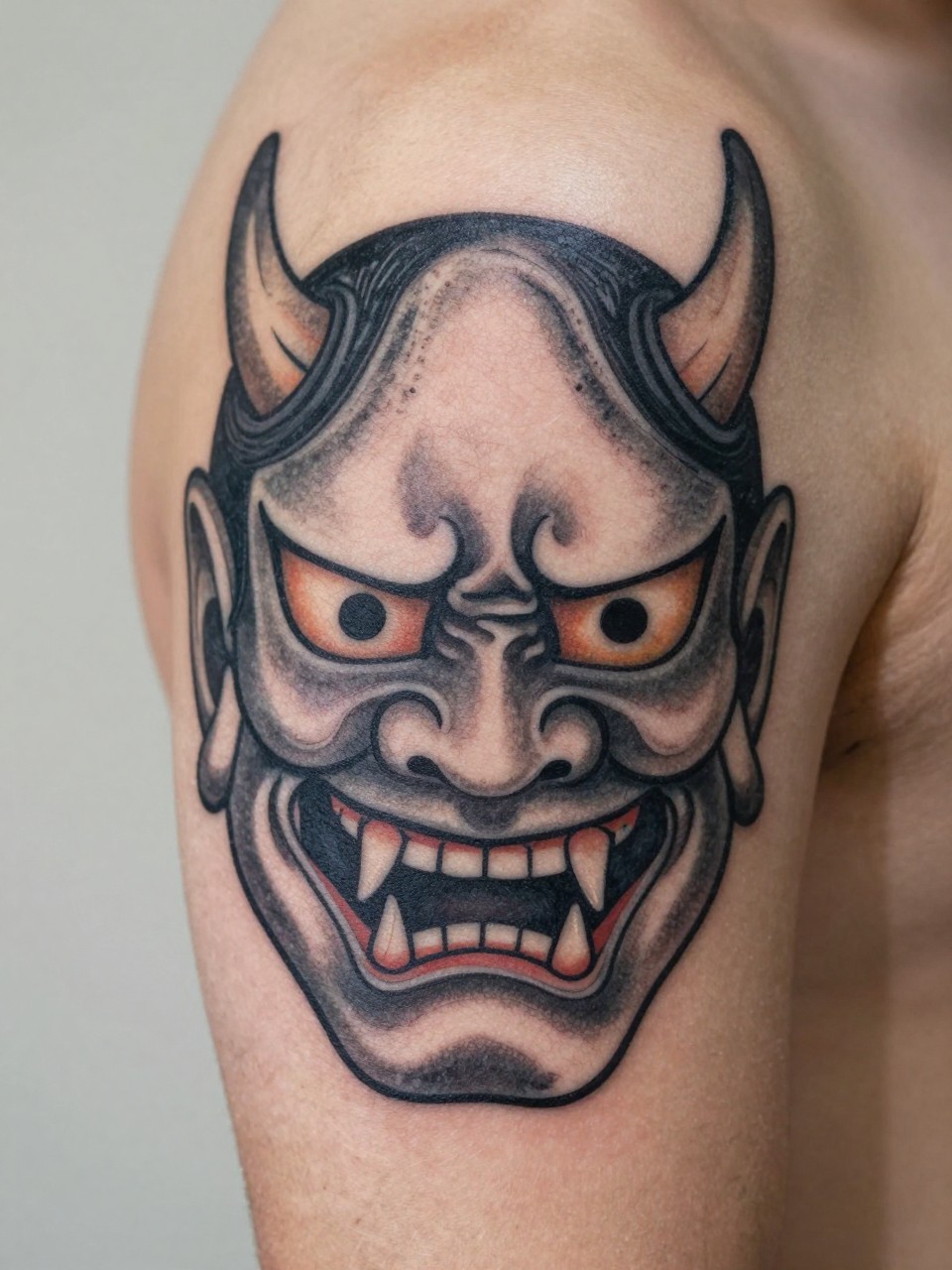 macro shot of a traditional Japanese Hannya mask tattoo on the upper arm, black and grey ink, fierce facial expression, horns, sharp teeth, bold traditional linework, smooth shading, realistic skin texture, design-first composition, soft neutral background, tattoo inspiration image (no watermarks on images)