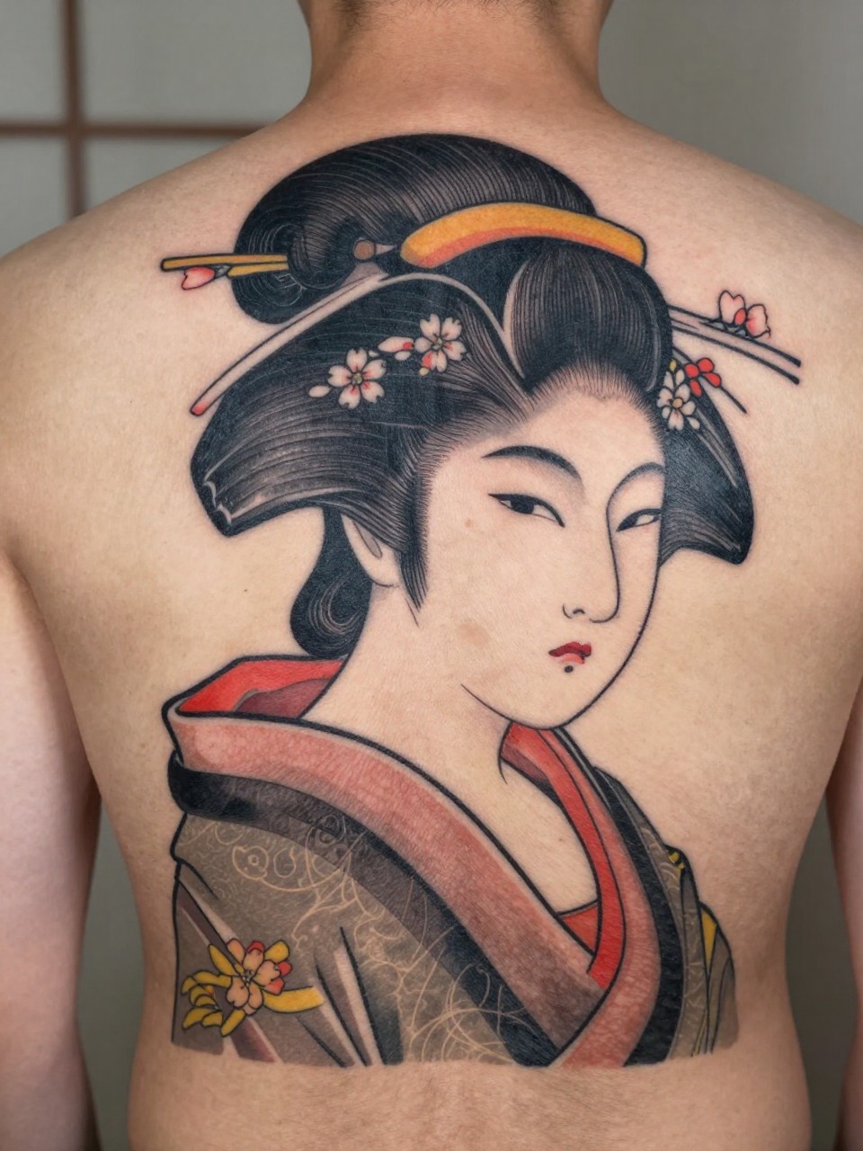 extreme close-up of a full back Japanese geisha tattoo on a man, detailed geisha portrait with styled hair and cherry blossom accents, black and grey ink, soft shading, strong traditional linework, realistic skin texture, design-focused tattoo inspiration photography, soft neutral background (no watermarks on images)