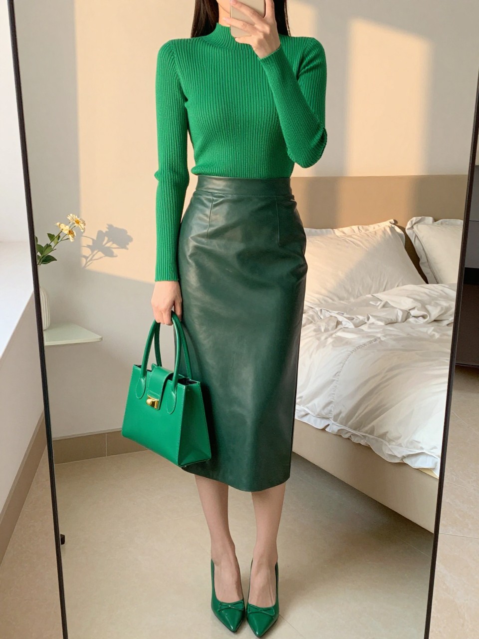 iPhone mirror selfie of a woman in a green ribbed knit top and green leather midi skirt with green heels, holding a green structured bag, cropped at NECK so face doesn't show, in a feminine-themed bedroom, evening golden hour, iPhone photo quality.