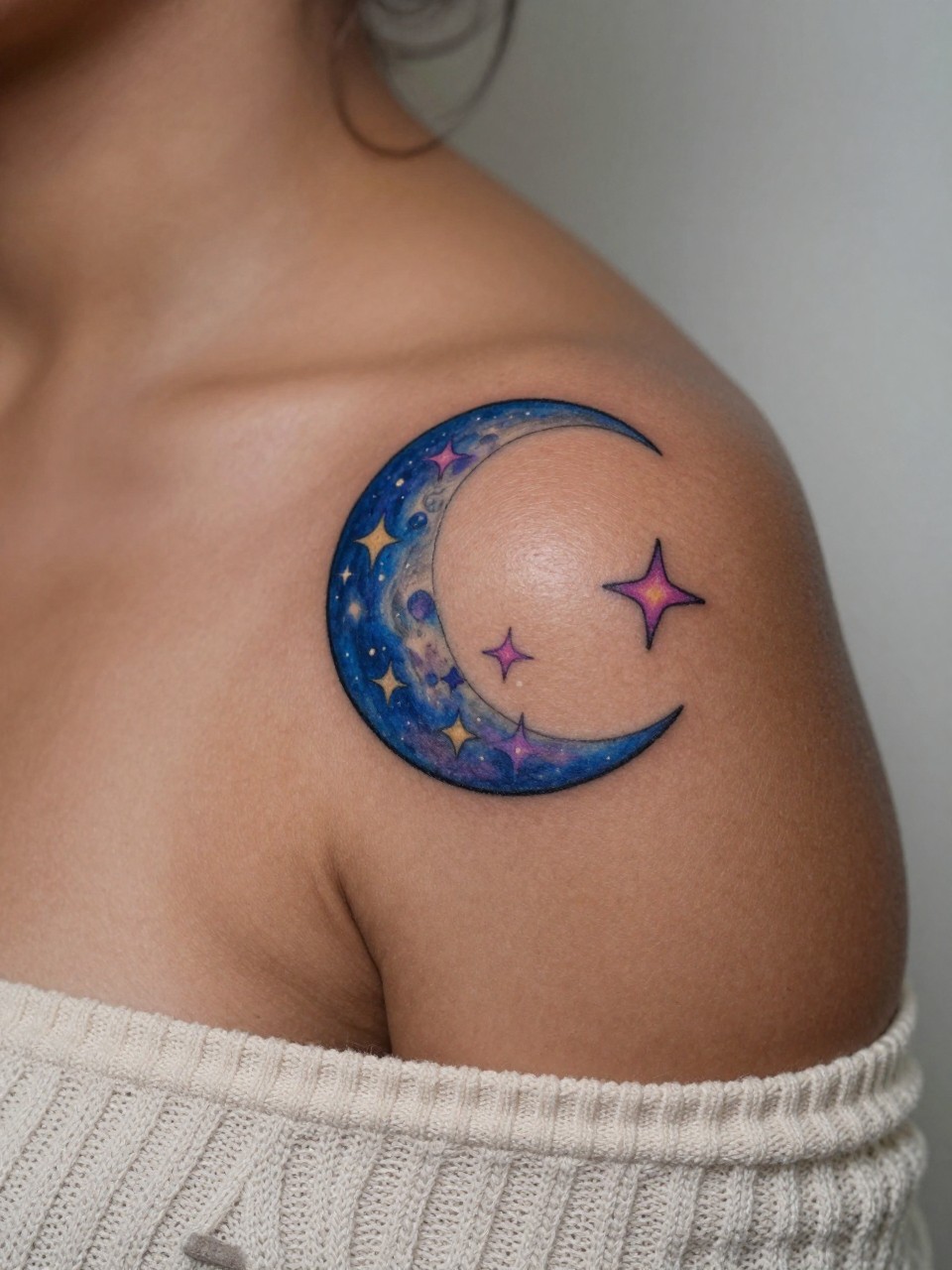extreme close-up of a colorful moon and stars tattoo on dark skin at the shoulder, deep blue moon with purple and pink stars, fine line detail, soft shading, realistic skin texture, off-shoulder knit top visible, soft minimal background, design-focused feminine tattoo inspiration photography (no watermarks on images)