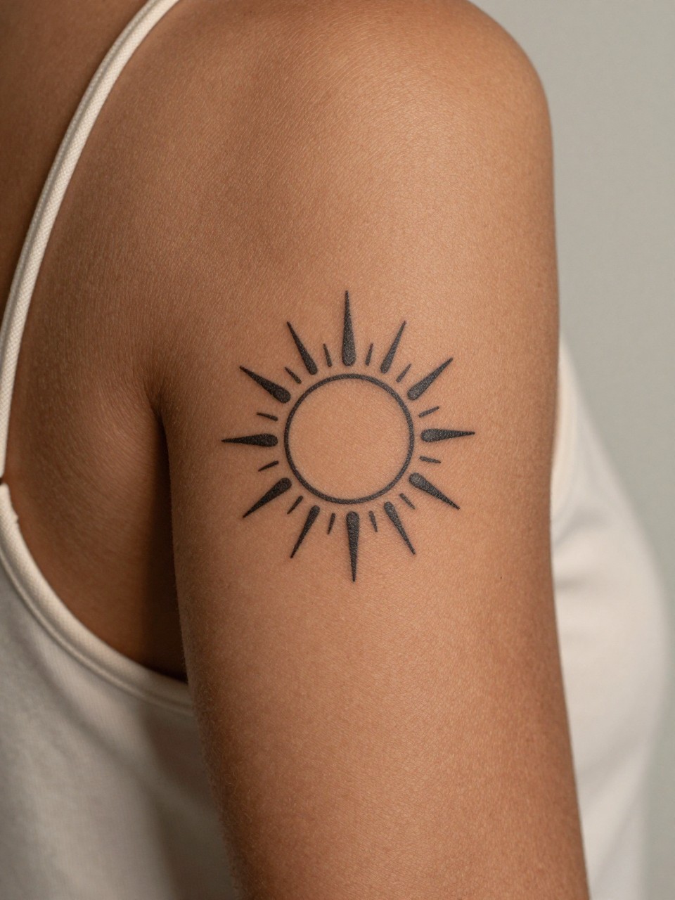 "close-up of a dainty sun tattoo on deep brown skin at the upper arm, clean black ink, thin rays, minimalist design, realistic skin texture, soft natural lighting, silk strap visible, design-focused close-up, blurred neutral background, modern feminine tattoo photo (no watermarks on images)"