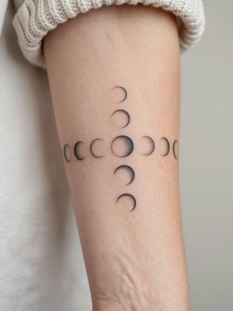 extreme close-up of a fine line moon phases tattoo on women's forearm, clean black ink, minimalist lunar symbols in a neat row, delicate earthy boho hippie style, realistic skin texture, soft knit sleeve visible, design-focused close-up, neutral blurred background, modern tattoo inspiration photography (no watermarks on images)