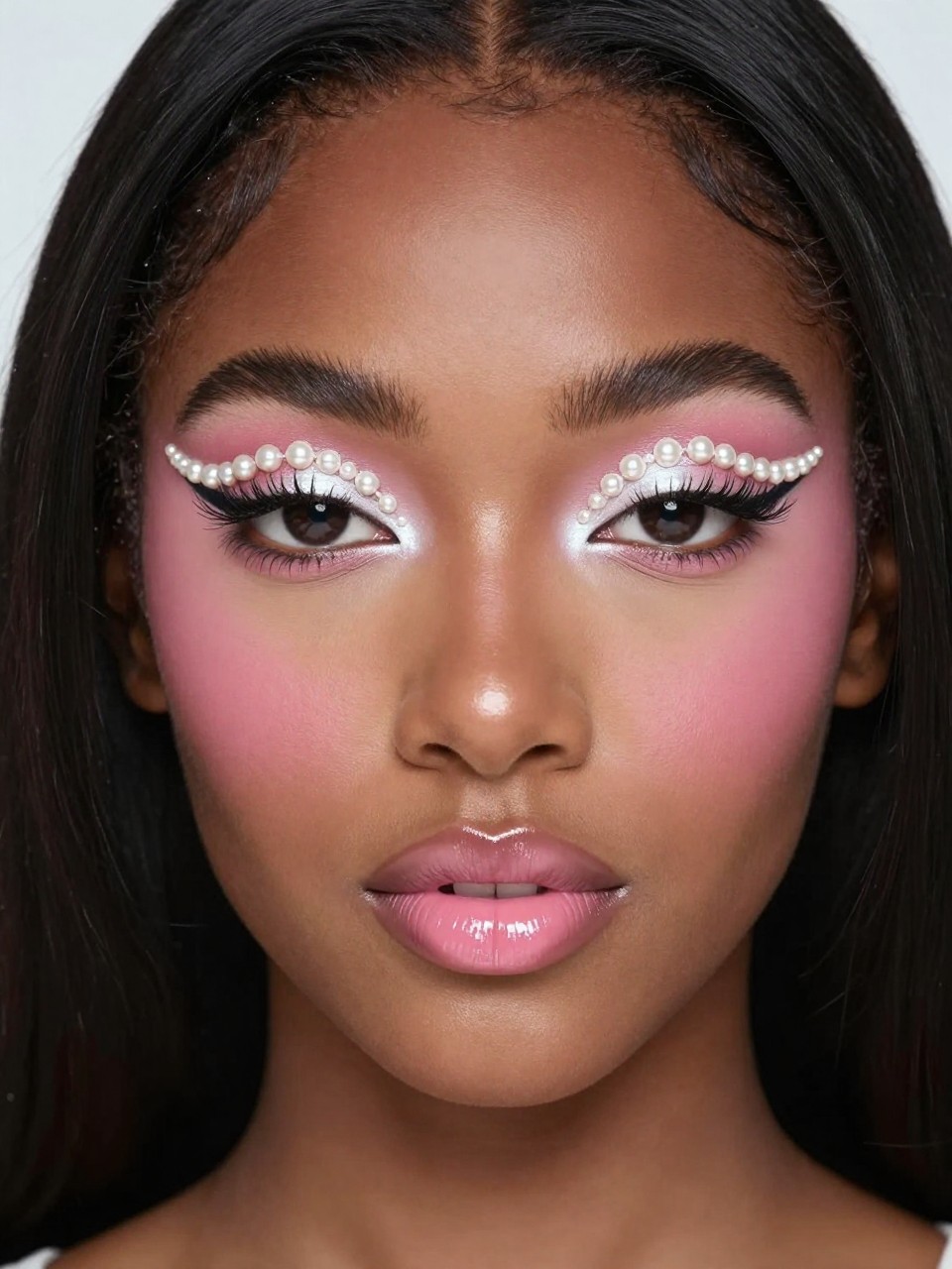 Super realistic close-up beauty portrait of a black woman wearing white pearl Y2K eyeshadow across the full lid, bright white inner-corner detail, defined top and bottom lashes, cool pink blush, baby pink glossy lips, satin skin with realistic texture, softly contoured nose, thin polished brows, shot from a front-facing portrait, with soft cool-toned studio lighting that clearly reveals the pearl shimmer, baby pink gloss, and open-eye effect, silky straight hair, softly blurred icy white background, feminine modern beauty photography, latest iPhone photo quality.