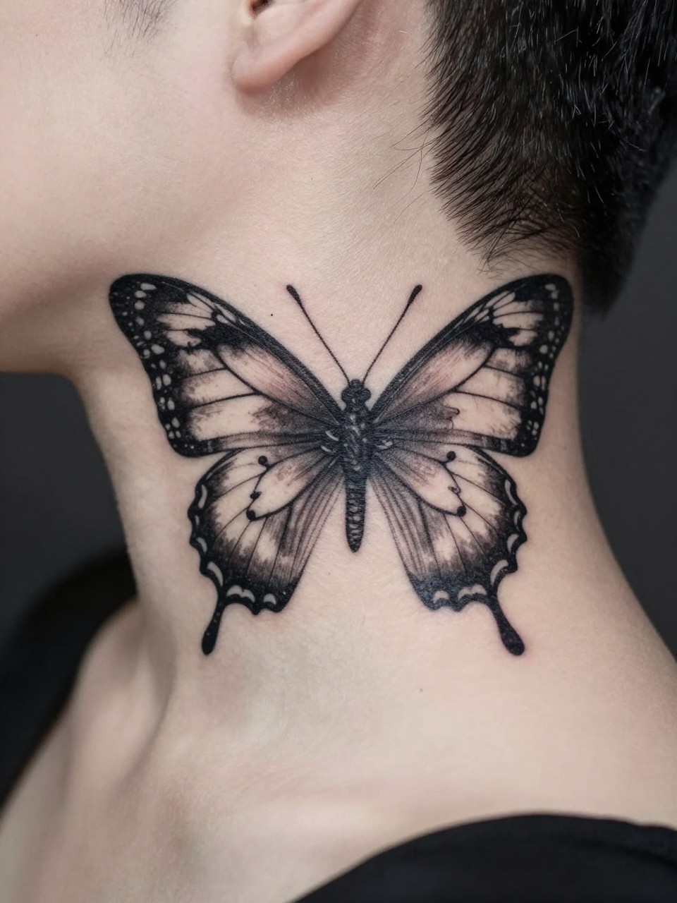  "Side/back of neck close-up: a butterfly tattoo whose wings incorporate detailed illustrations of cervical vertebrae. Scientific, intricate, and powerfully conceptual."