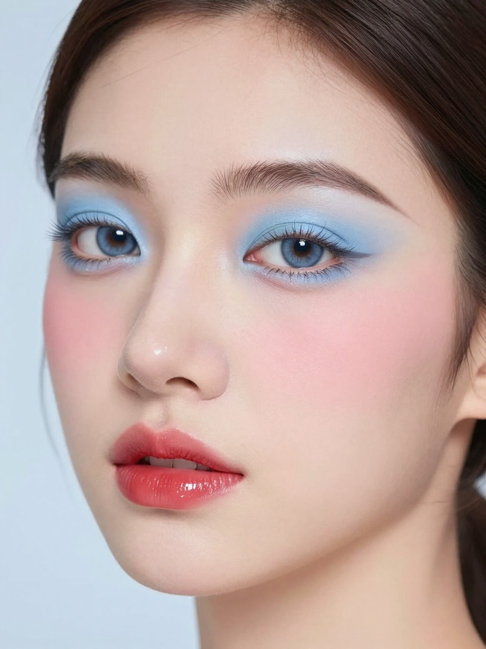  Super realistic close-up beauty portrait of a woman wearing soft powder-blue matte eyeshadow across the lids with pale sky-blue blending, cool rosy-pink blush, sheer cherry jelly glossy lips over cherry liner, fluttery lifted lashes, softly groomed brows, realistic skin texture with a fresh natural finish, shot from a three-quarter beauty angle, with bright natural-inspired lighting that clearly reveals the pastel blue eyes, rosy cheeks, and glossy red lip contrast, smooth tucked-back hair, softly blurred pale blue background, feminine modern beauty photography, latest iPhone photo quality.