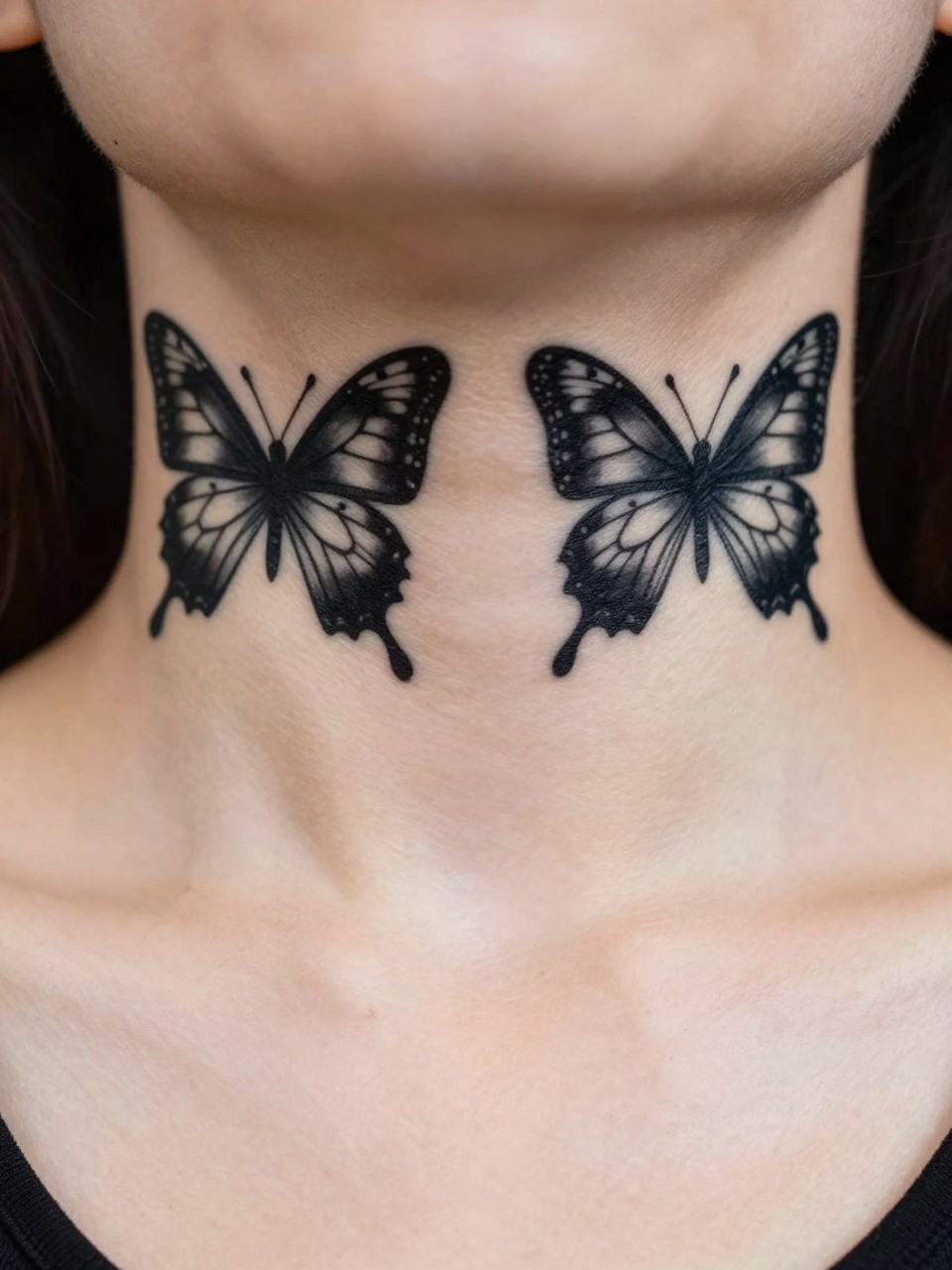 "Front-facing neck close-up: two solid black butterfly tattoo silhouettes mirrored perfectly behind each jaw. Clean, graphic, and framing the face with bold symmetry."