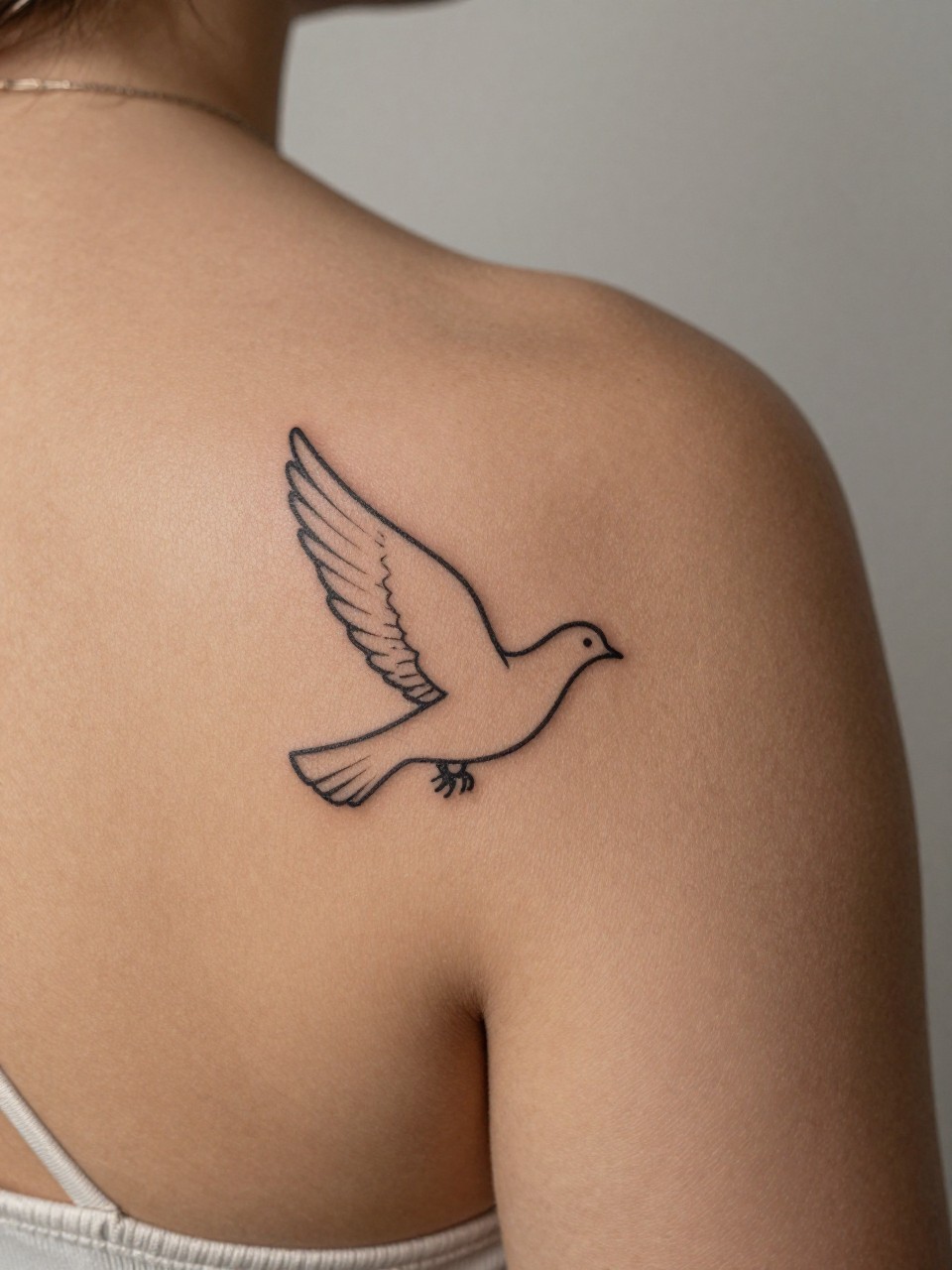 "macro shot of a small dove outline tattoo on rich brown skin at the shoulder blade, clean black ink, minimalist wing shape, fine line design, realistic skin texture, silk strap visible, design-first tattoo composition, soft minimal background, feminine tattoo inspiration photo (no watermarks on images)"