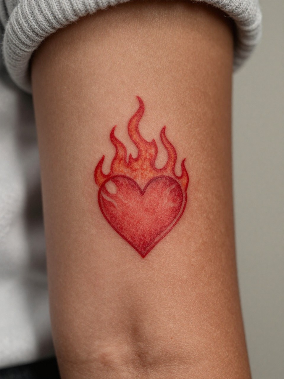 "extreme close-up of a small red heart with flames tattoo on rich brown skin at the upper arm, clean red ink, crisp outline, fine flame detail, realistic skin texture, soft knit sleeve edge, design-focused close-up, blurred neutral background, feminine modern tattoo photo (no watermarks on images)"