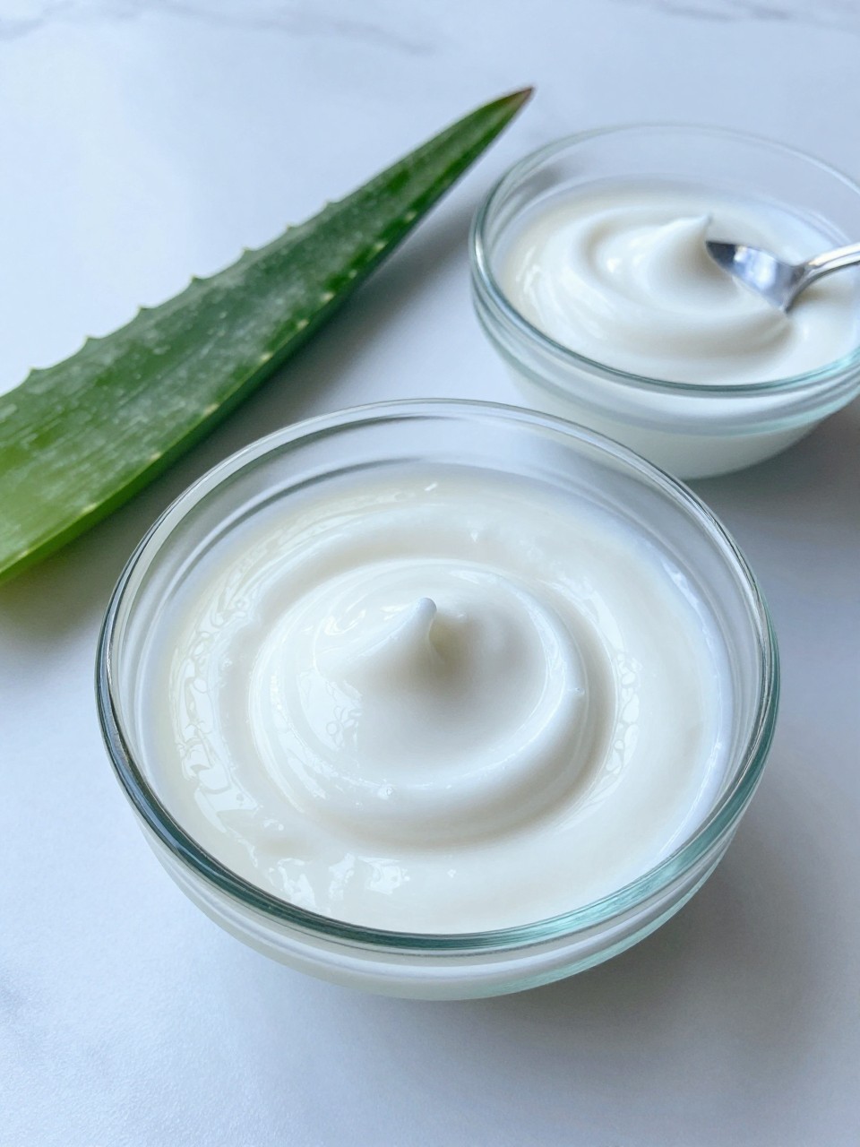 A realistic close-up photo of a small glass bowl filled with coconut aloe deep conditioner on a clean white marble countertop. A cut aloe leaf, a small bowl of coconut cream, and a spoon are arranged neatly around the bowl. Bright cool-toned natural light, crisp detail, realistic texture, clean minimal setup, strong focus on the thick creamy conditioner mixture, no people, no text, (no watermarks on images)