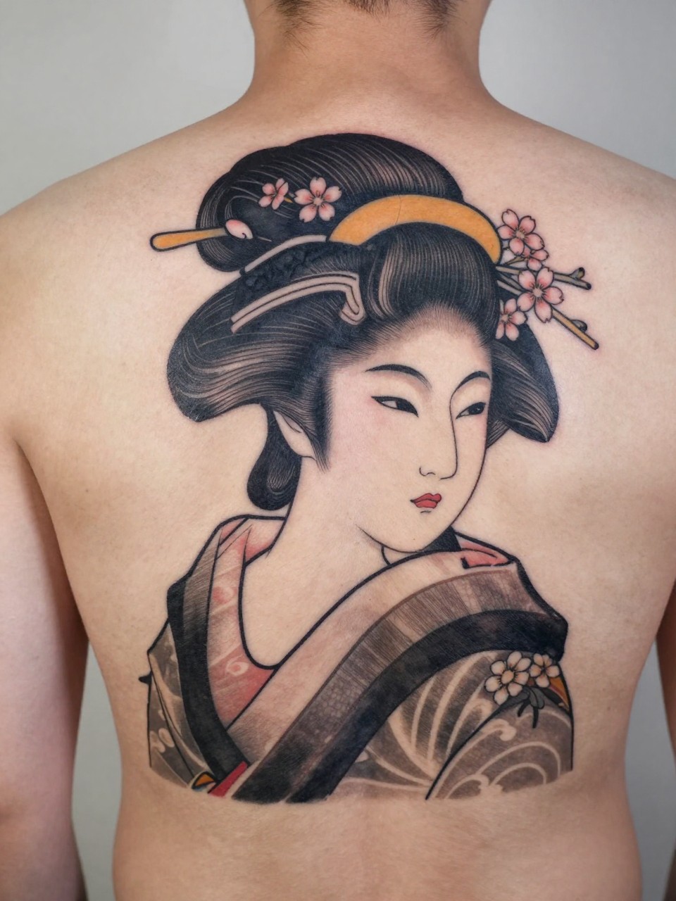 "extreme close-up of a full back Japanese geisha tattoo on a man, detailed geisha portrait with styled hair and cherry blossom accents, black and grey ink, soft shading, strong traditional linework, realistic skin texture, design-focused tattoo inspiration photography, soft neutral background (no watermarks on images)"