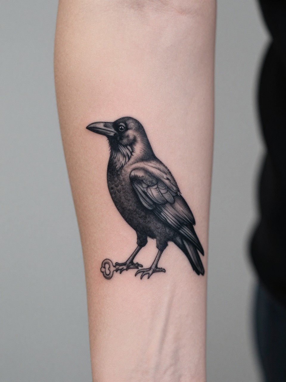 "close-up of a black crow tattoo holding a small key on the forearm, detailed beak and feather texture, black ink with fine shading, symbolic minimalist design, realistic skin texture, gold ring visible, minimal soft background, feminine modern tattoo inspiration photo (no watermarks on images)"