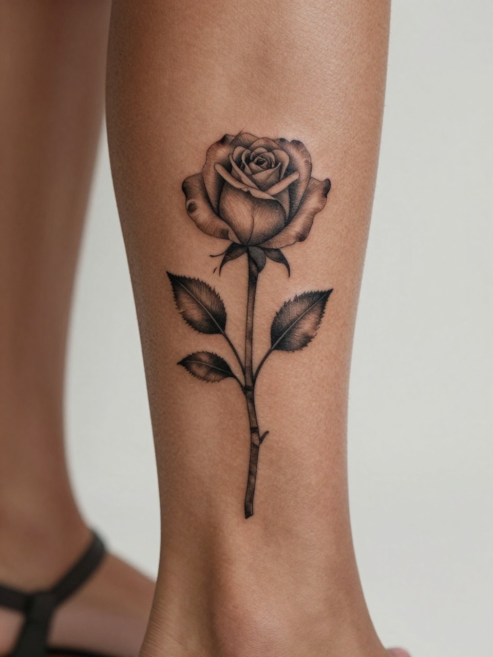 "close-up of a rose and stem tattoo on deep brown skin along the shin, black ink, soft petal shading, clean fine line stem, elegant vertical design, realistic skin texture, simple heel strap visible, design-focused close-up, neutral minimal background, modern feminine tattoo photography (no watermarks on images)"