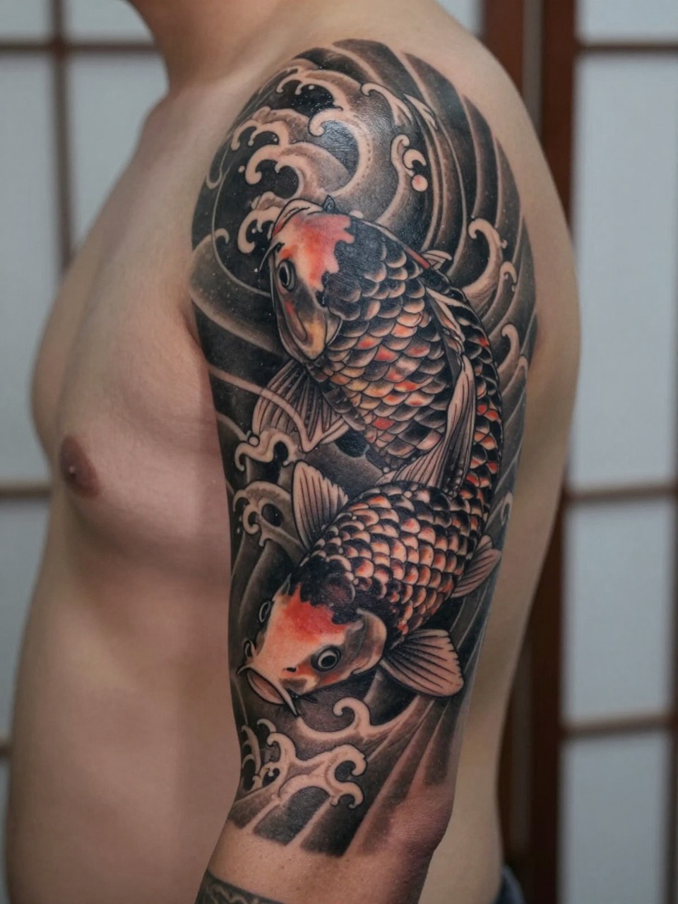 close-up of a koi and wave full sleeve tattoo on dark skin, detailed koi fish, curling wave patterns, black and grey ink, soft shading, traditional linework, realistic skin texture, design-focused composition, minimal blurred background, modern tattoo photography (no watermarks on images)