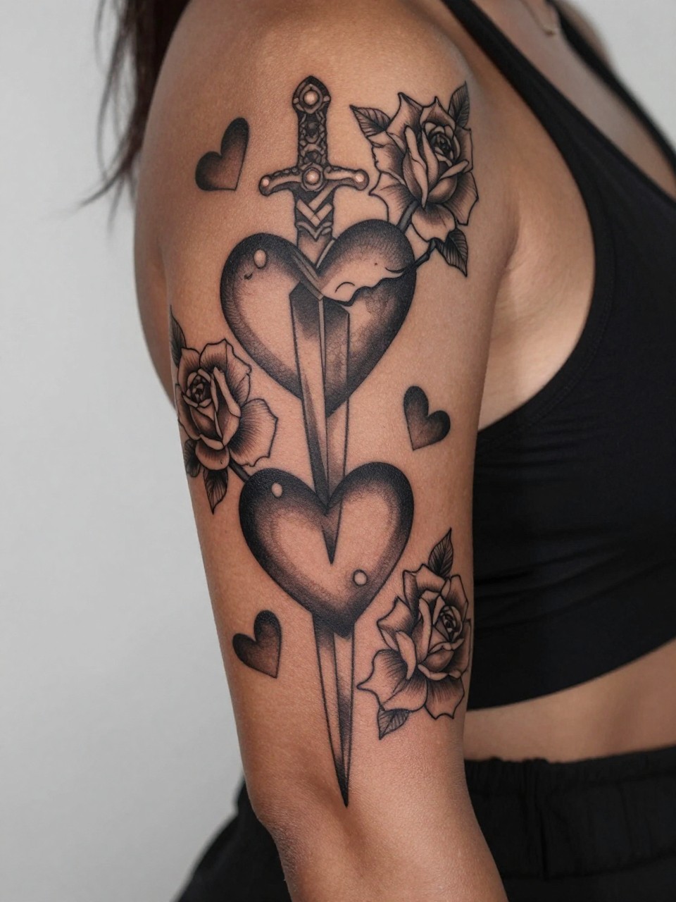 design-focused close-up of a heart dagger and rose sleeve tattoo on rich brown skin, black ink hearts, daggers, and blooming roses across the arm, bold linework with soft shading, realistic skin texture, satin robe edge visible, tight crop, minimal background, modern feminine tattoo inspiration image (no watermarks on images)