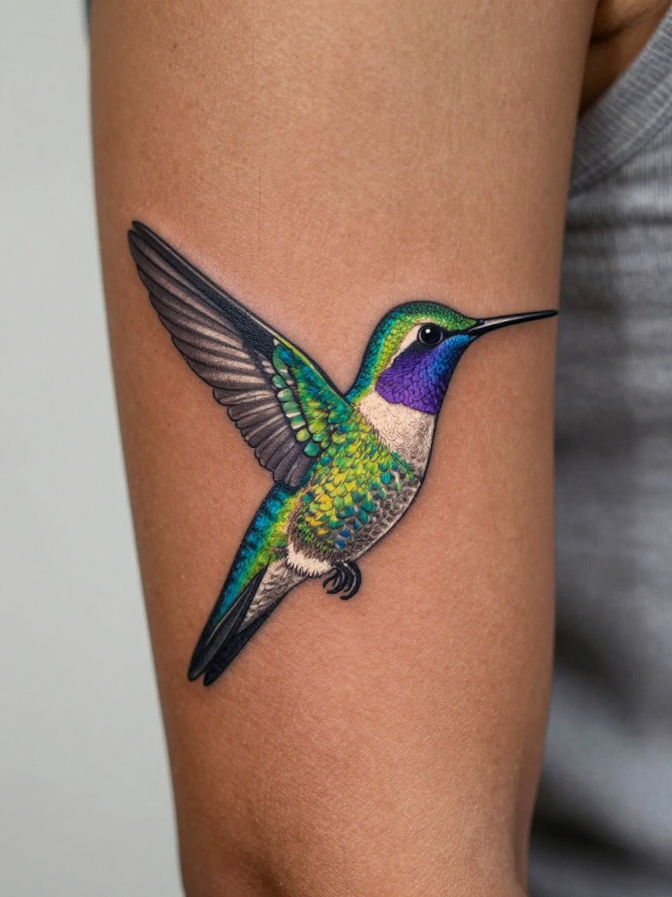 macro shot of a colorful hummingbird tattoo on rich brown skin at the forearm, bright green blue and purple feathers, clean linework, soft blended shading, realistic skin texture, sleeveless blouse edge visible, design-first tattoo composition, soft neutral background, modern feminine tattoo inspiration image (no watermarks on images)