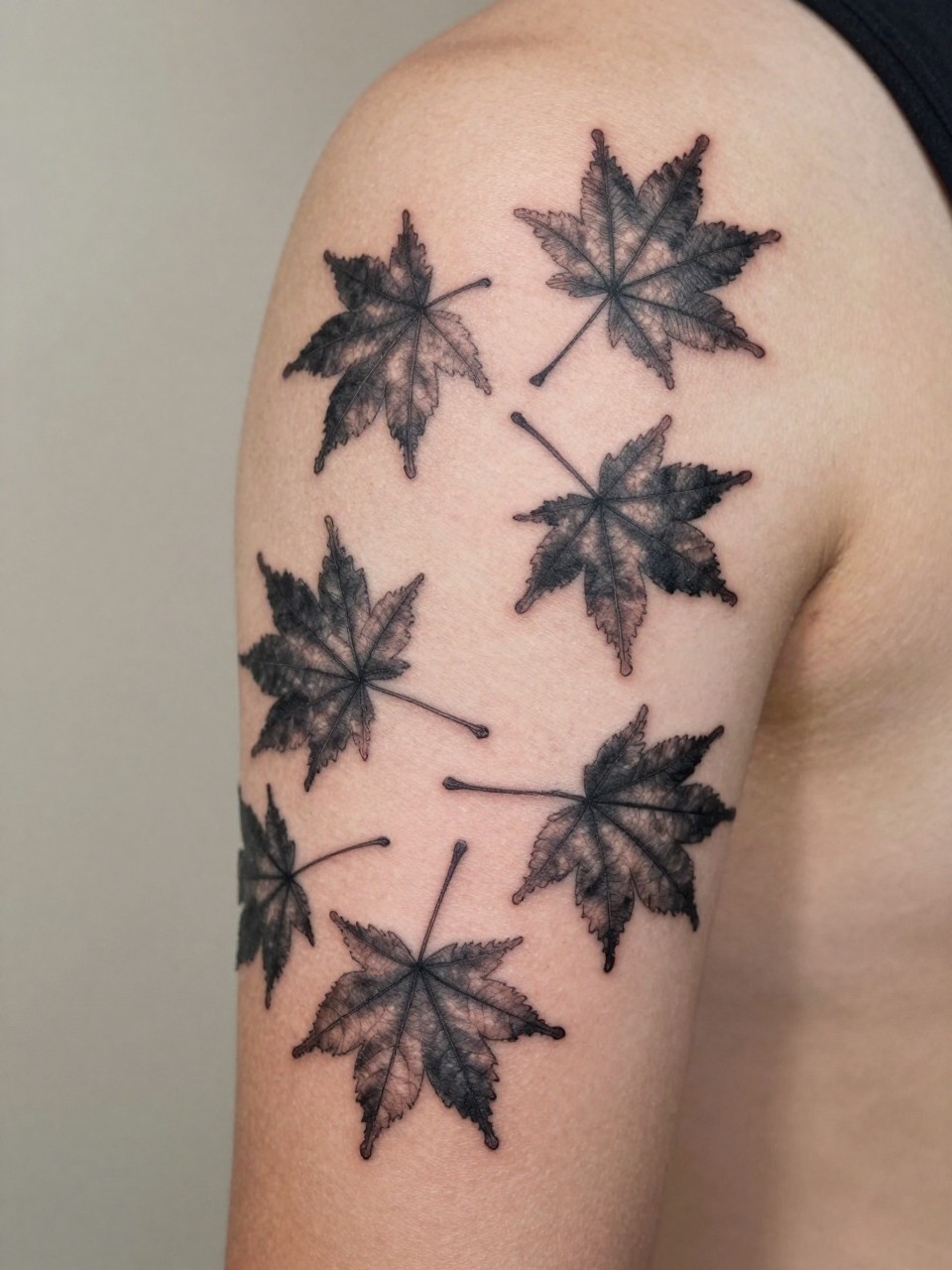 macro shot of a Japanese maple leaf and wind armband tattoo on a man's upper arm, scattered maple leaves with wind bar detail wrapping around the arm, black and grey ink, clean traditional linework, realistic skin texture, design-first tattoo image, soft neutral background, tattoo inspiration image (no watermarks on images)