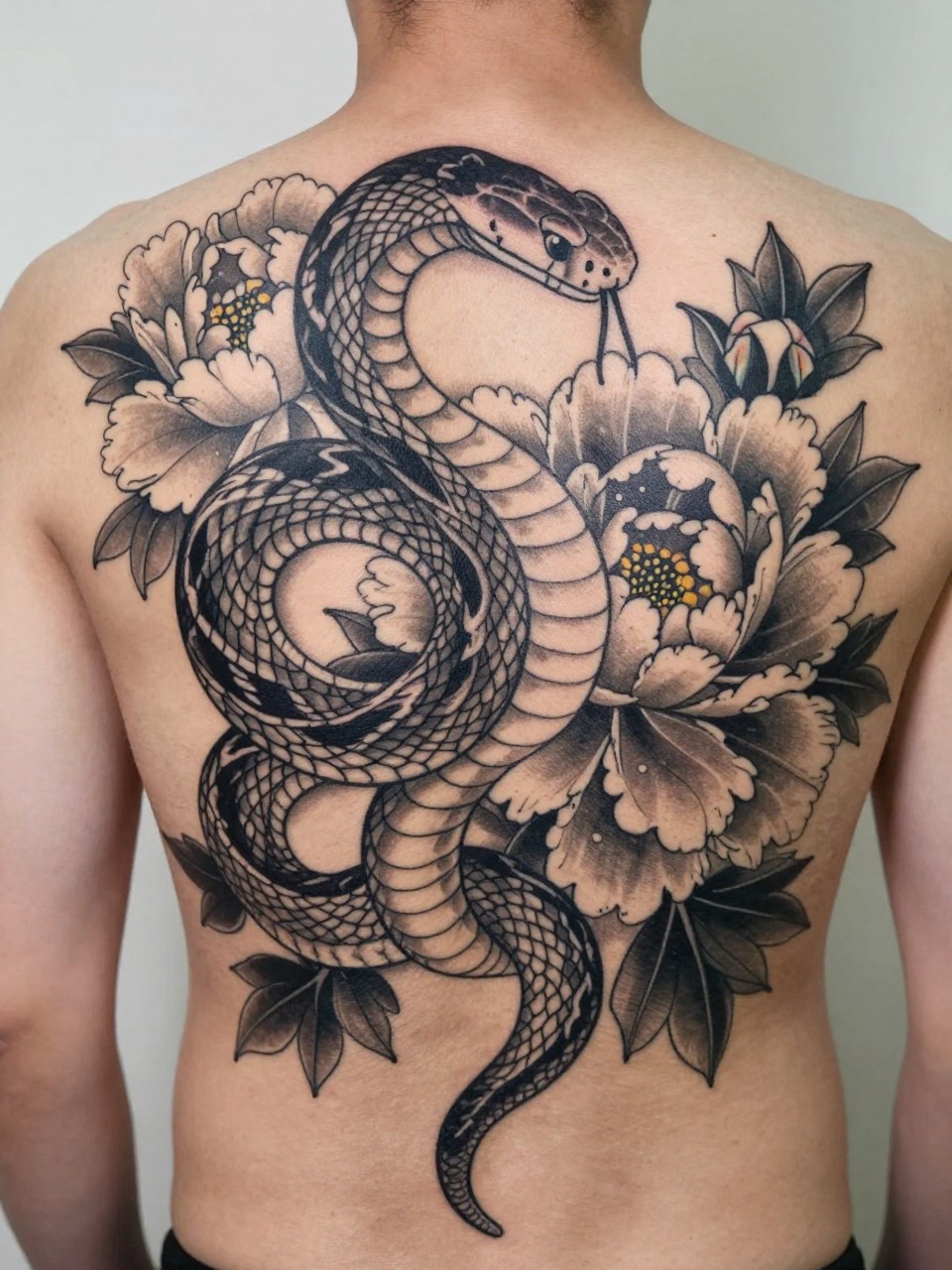 extreme close-up of a full back Japanese snake and peony tattoo on a man, large coiled snake moving through blooming peonies, black and grey ink, bold linework, soft floral shading, realistic skin texture, design-focused tattoo inspiration photography, soft neutral background (no watermarks on images)
