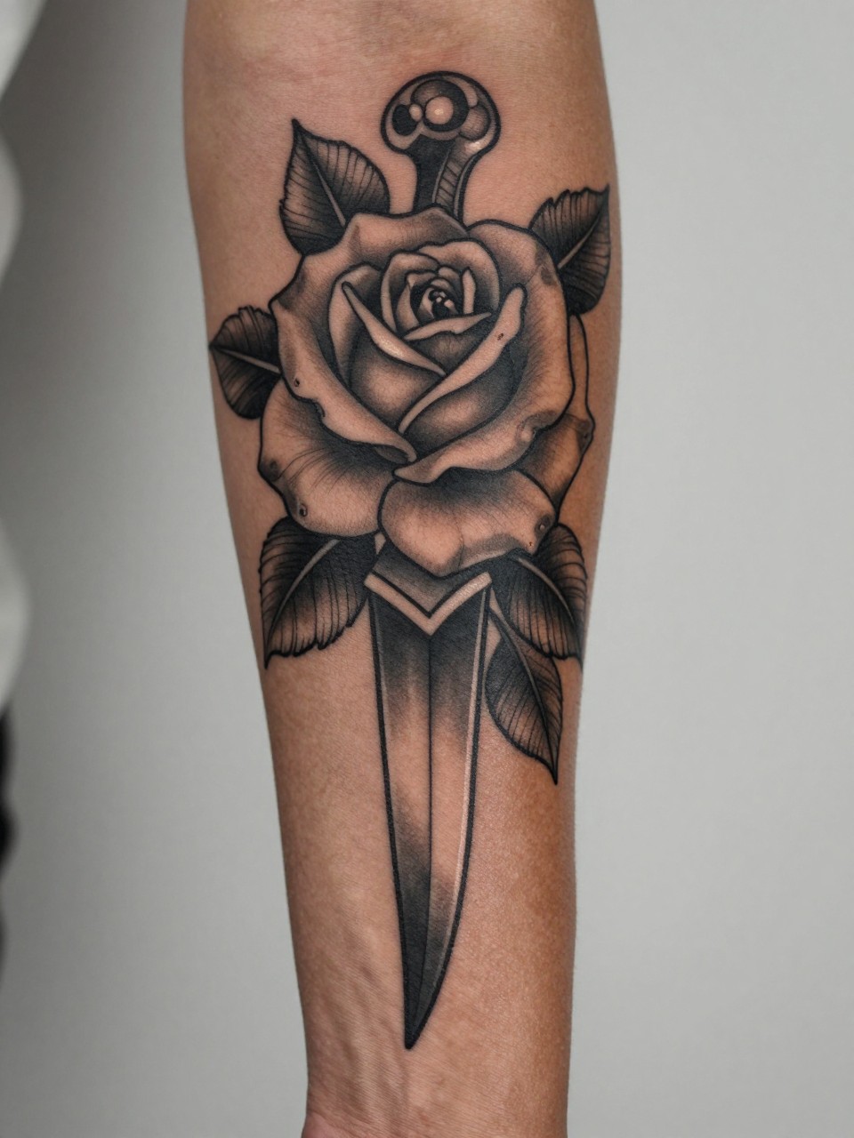 close-up of a full rose and dagger sleeve tattoo on rich brown skin, layered roses, dagger details, black and grey ink, soft shading, bold clean linework, realistic skin texture, tight crop, design-focused close-up, soft neutral background, modern tattoo photography (no watermarks on images)