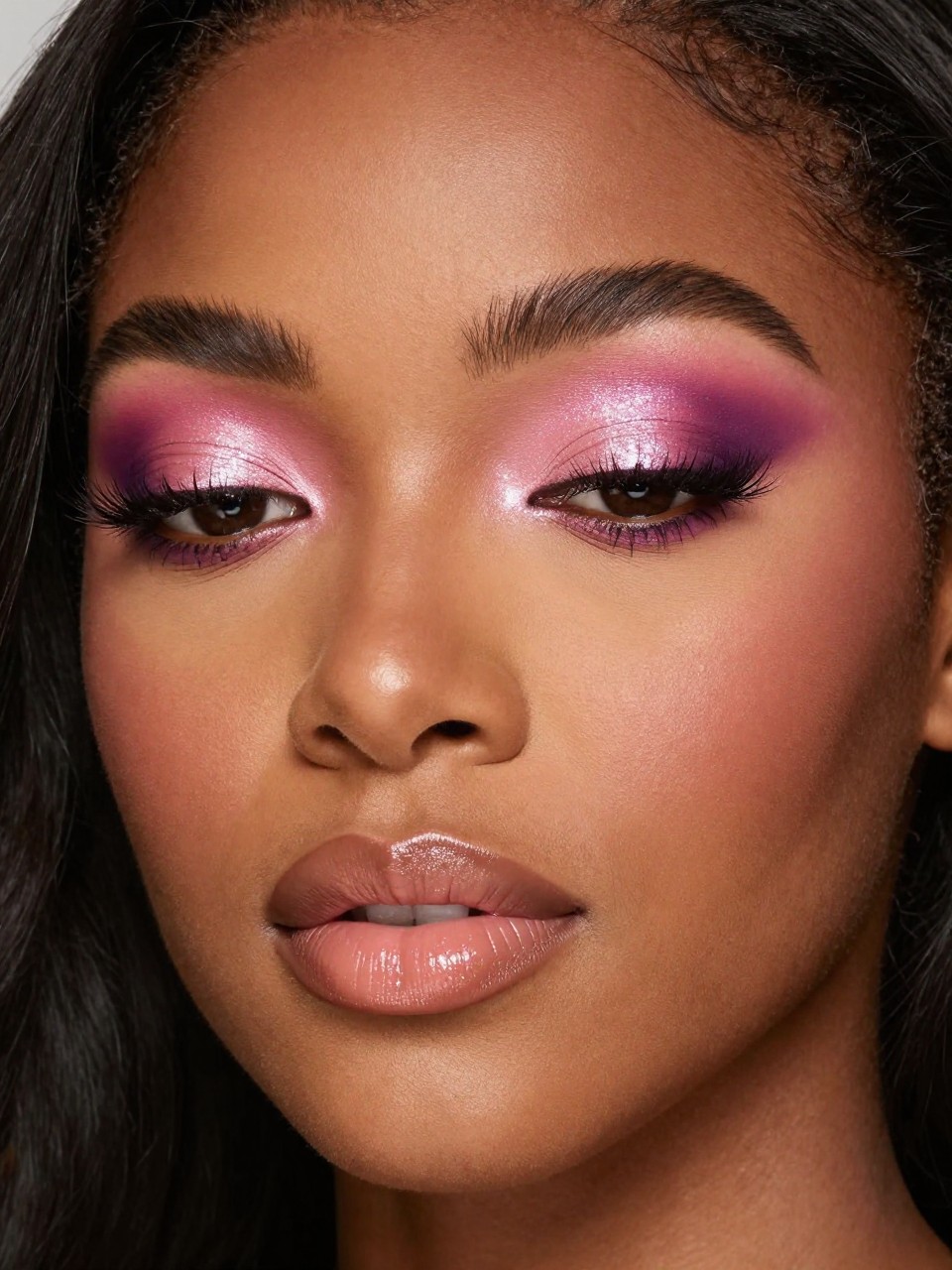 Super realistic close-up beauty portrait of a black woman wearing pink glitter eyeshadow over rosy pink lids, mauve outer-corner depth, soft glowing skin, rosy nude cream lips, bold lashes, and defined brows, shot from a three-quarter view, with diffused beauty studio lighting that clearly reveals the makeup texture and color, realistic skin texture, softly styled hair, minimal background, feminine modern beauty photography, latest iPhone photo quality.