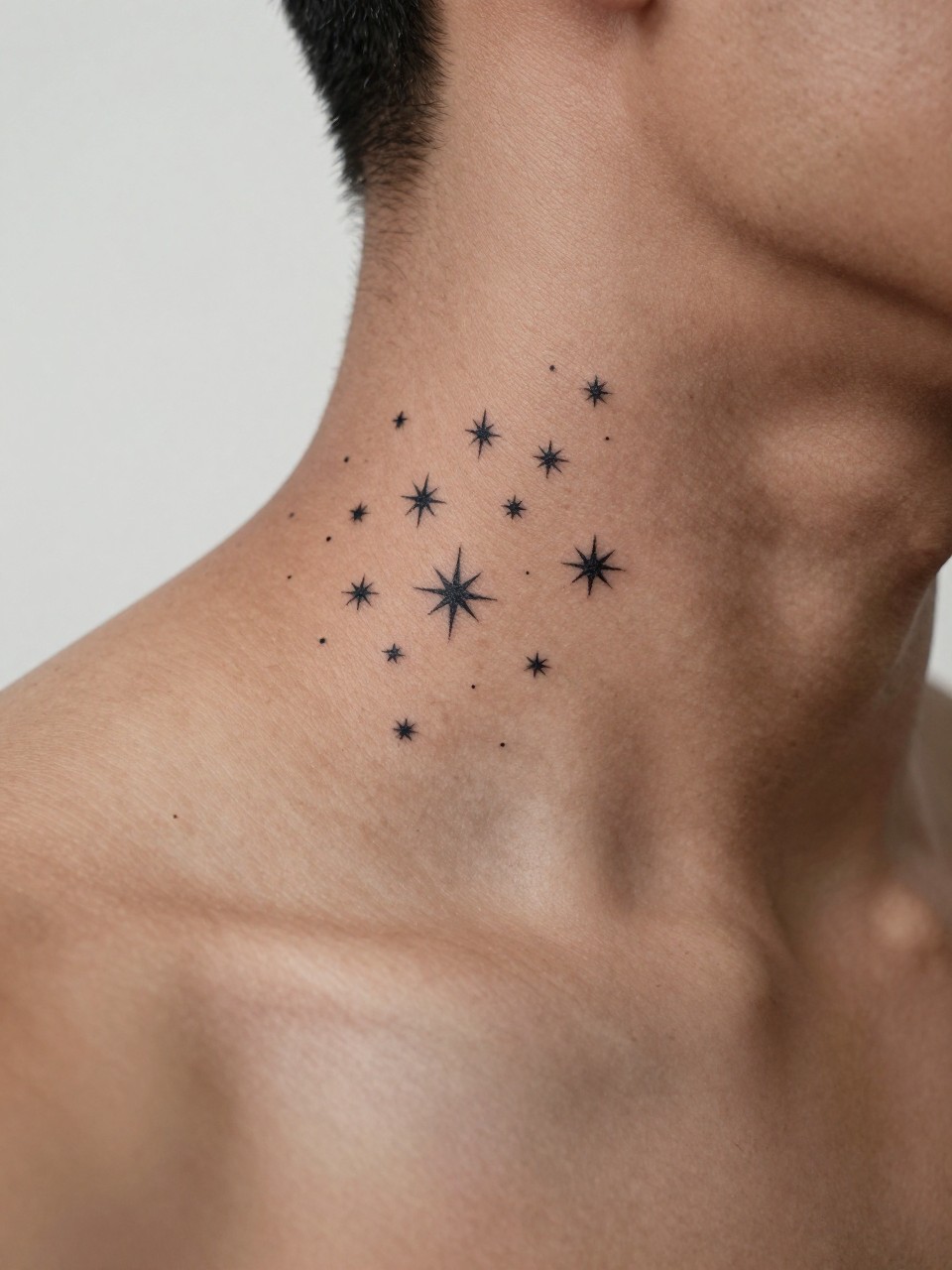 "extreme close-up of a tiny star cluster tattoo on dark skin at the side neck, crisp black ink, fine line stars, minimalist masculine layout, realistic skin texture, fresh fade visible, soft minimal background, design-focused tattoo inspiration photography (no watermarks on images)"