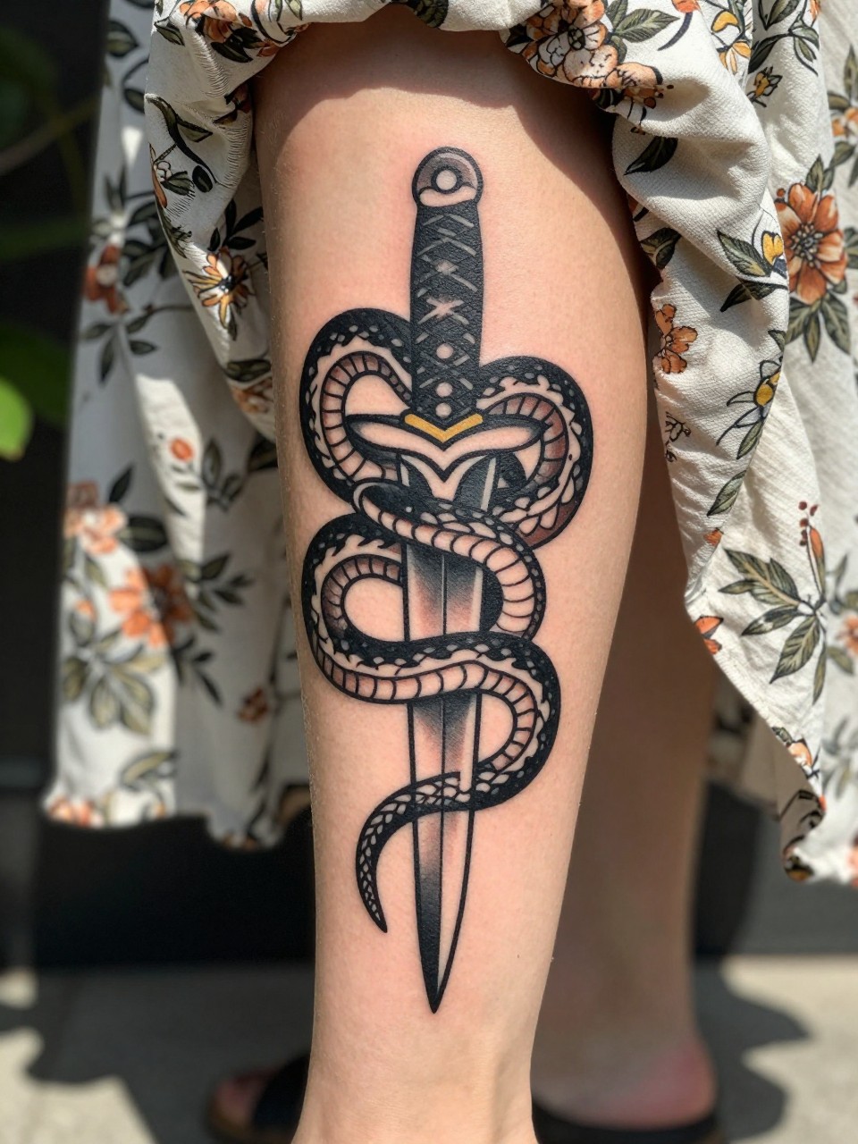 Image Prompt: "Extreme close-up of a bold traditional snake coiled around a dagger tattoo on the calf. Thick black outlines and minimal shading. She's wearing a flowy floral dress that's pulled up slightly. Sunny day, dappled light through leaves."