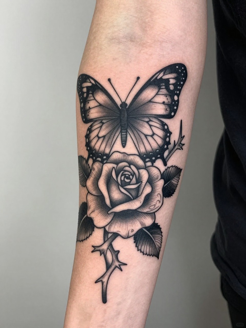 "Sleeve section detail: a butterfly tattoo emerging from a rose, its wing veins extending as thorny vines into the surrounding tattoo. Blackwork with sharp, precise lines."