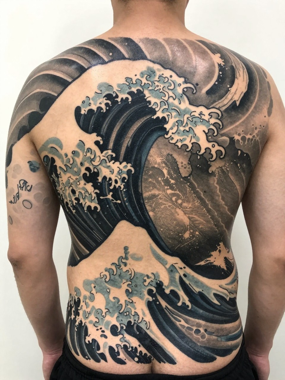 "close-up of a full back Japanese wave tattoo panel on a man, large layered cresting waves across the entire back, black and grey ink, bold traditional linework, smooth shading, balanced composition, realistic skin texture, design-focused tattoo visibility, minimal background (no watermarks on images)"