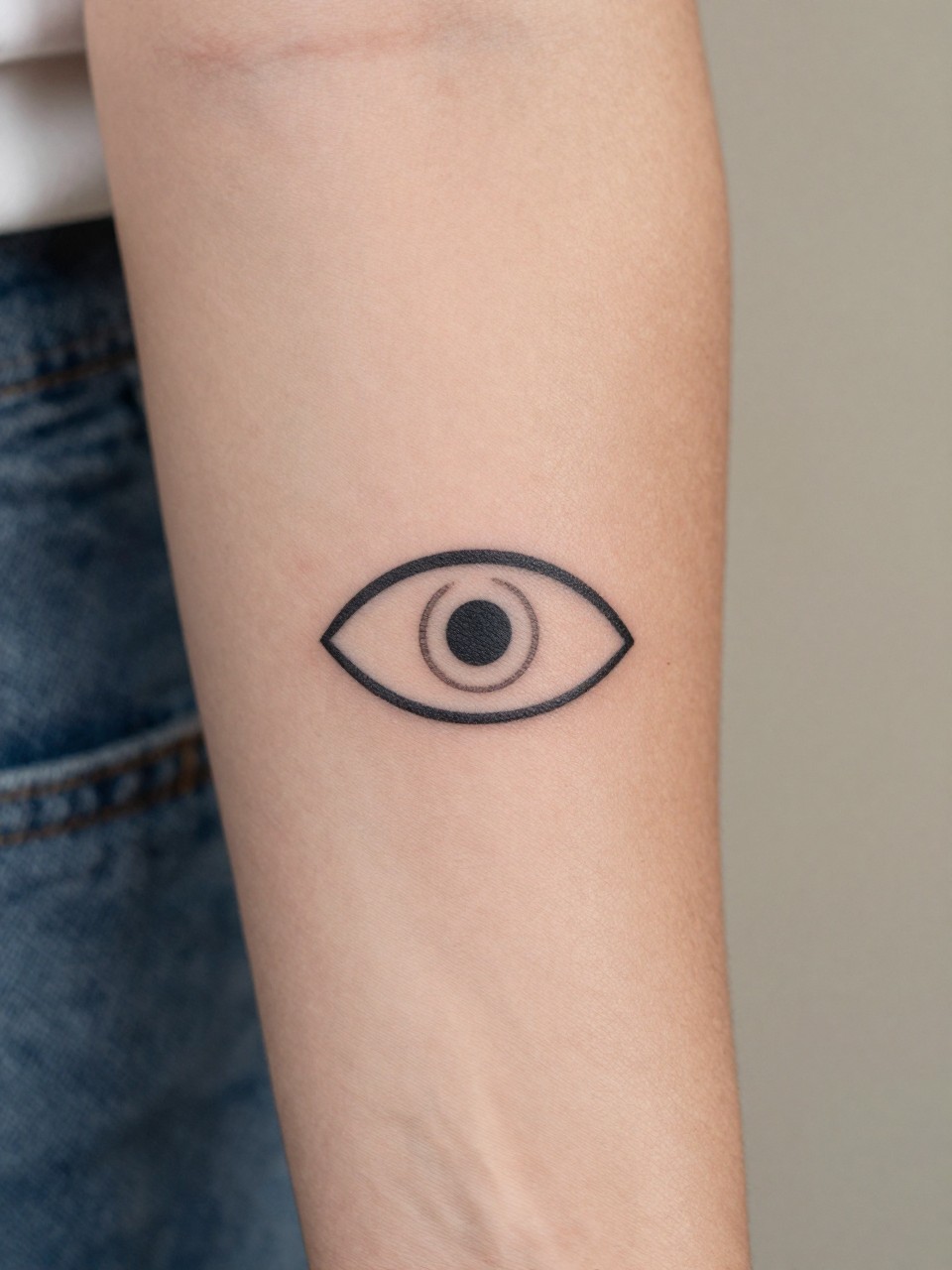 close-up of a minimal evil eye tattoo on women's inner arm, crisp black ink, fine line symbolic detail, clean earthy boho hippie style, realistic skin texture, delicate gold ring visible, design-focused close-up, blurred neutral background, modern tattoo photography (no watermarks on images)
