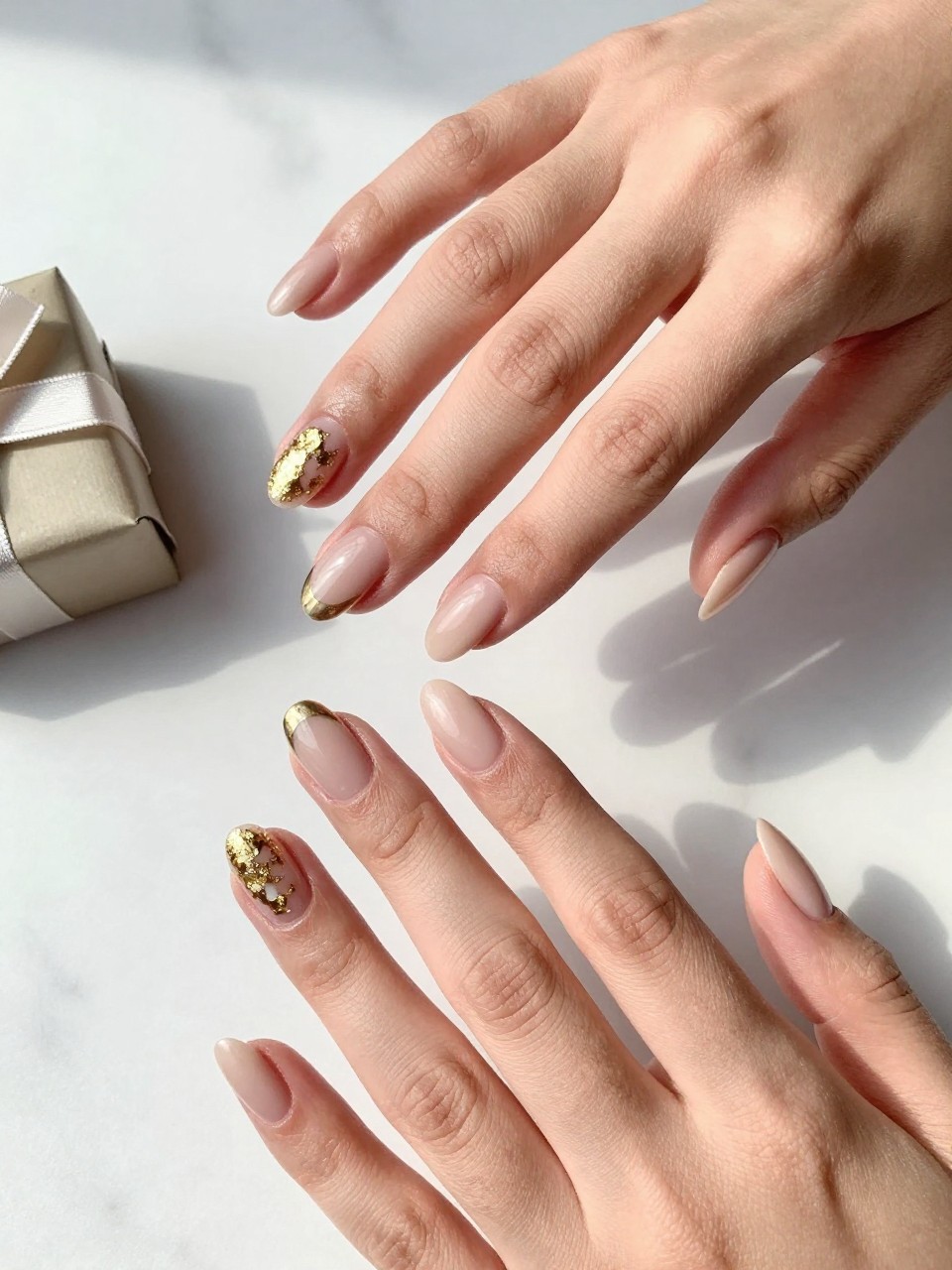 90-degree overhead top-down view of two feminine hands with almond medium nails.
The manicure features a glossy nude base with scattered gold foil accents on two accent nails.
Include smooth reflective metallic details with a glossy gel finish.

Hands are posed with fingers gently spread.

Scene set on a white marble surface with a small wrapped gift nearby.

Bright natural daylight with soft shadows, hyper-realistic lifestyle photography, sharp focus on nails, natural skin texture, realistic hands, no extra fingers.