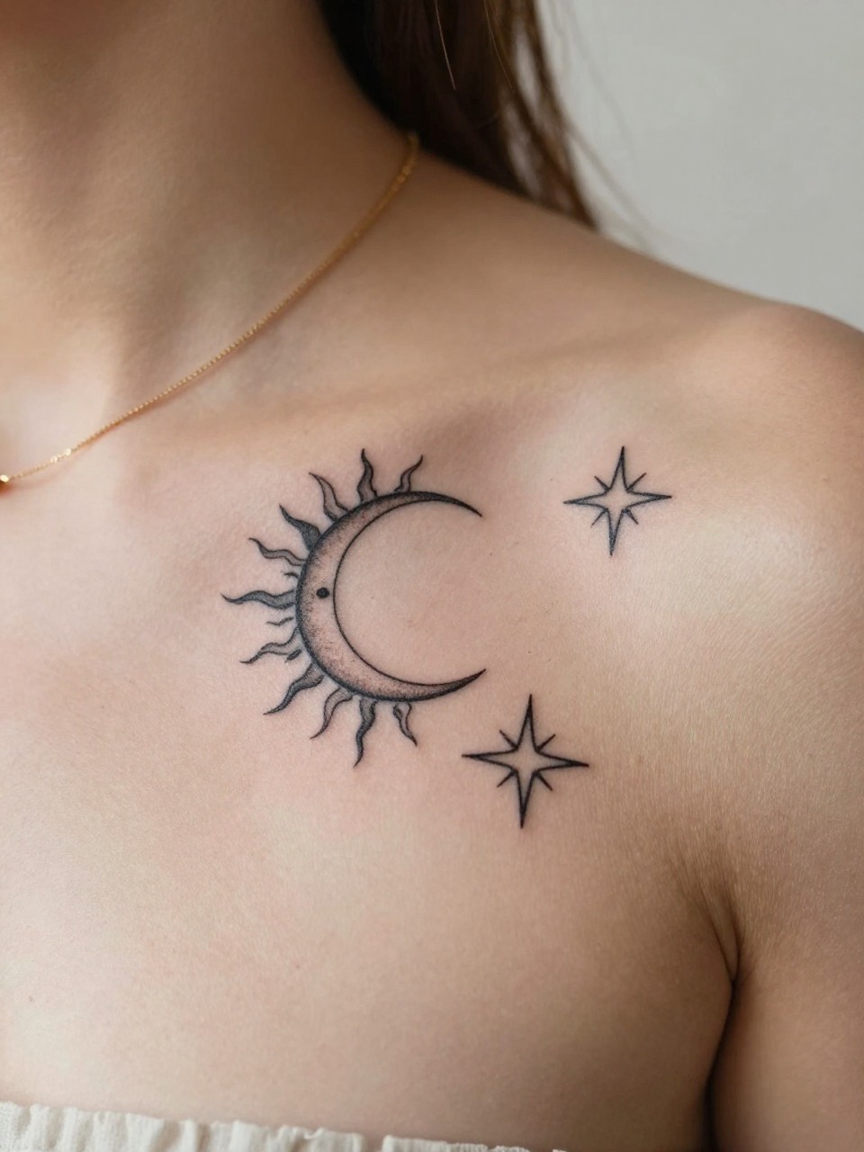 extreme close-up of a sun moon and star trio tattoo on women's collarbone, black ink, fine line celestial symbols, clean earthy boho hippie design, realistic skin texture, soft gold necklace visible, soft minimal background, design-focused feminine tattoo inspiration photography (no watermarks on images)