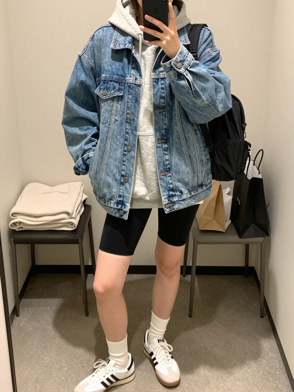 mirror selfie of a woman wearing the exact outfit described above, clearly showing an oversized light blue denim jean jacket, heather gray soft fleece hoodie, black bike shorts, white crew socks with retro sneakers, and a black nylon mini backpack, holding a phone in front of a mirror, cropped at NECK so the face does not show, with a relaxed casual selfie pose, in a minimal dressing room, warm moody lighting, including folded blanket on a chair and shopping bags beside a chair, latest iPhone photo quality.