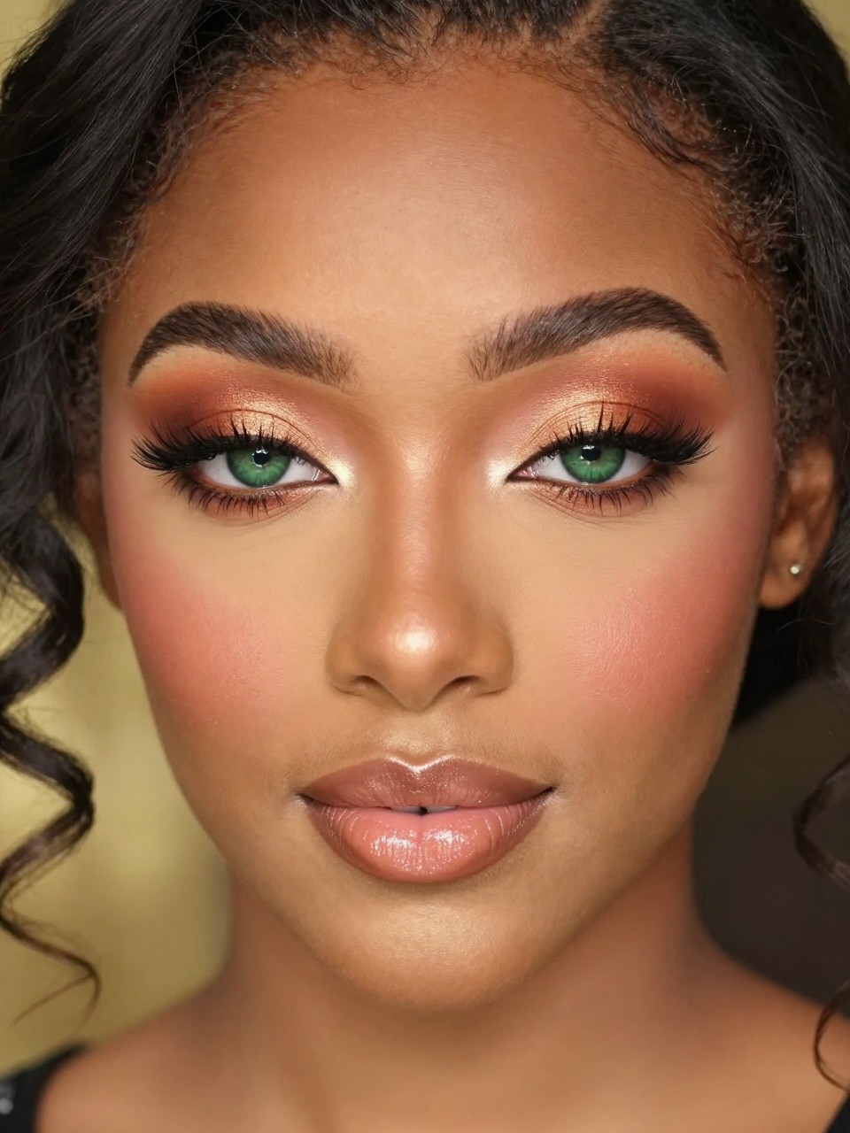 Super realistic close-up beauty portrait of a young black woman with glowing green eyes wearing cute prom makeup, featuring luminous copper shimmer eyeshadow over the lids, cinnamon crease blending, warm espresso lash-line definition, curled volumized lashes, soft peach-rose blush, nude peach glossy lips, softly highlighted skin texture with a golden glow, refined brows, shot from a front-facing beauty portrait, with warm diffused lighting that clearly reveals the copper eye shine, green eyes, and glossy lips, elegant curled hairstyle, blurred golden formal background, feminine modern beauty photography, latest iPhone photo quality.