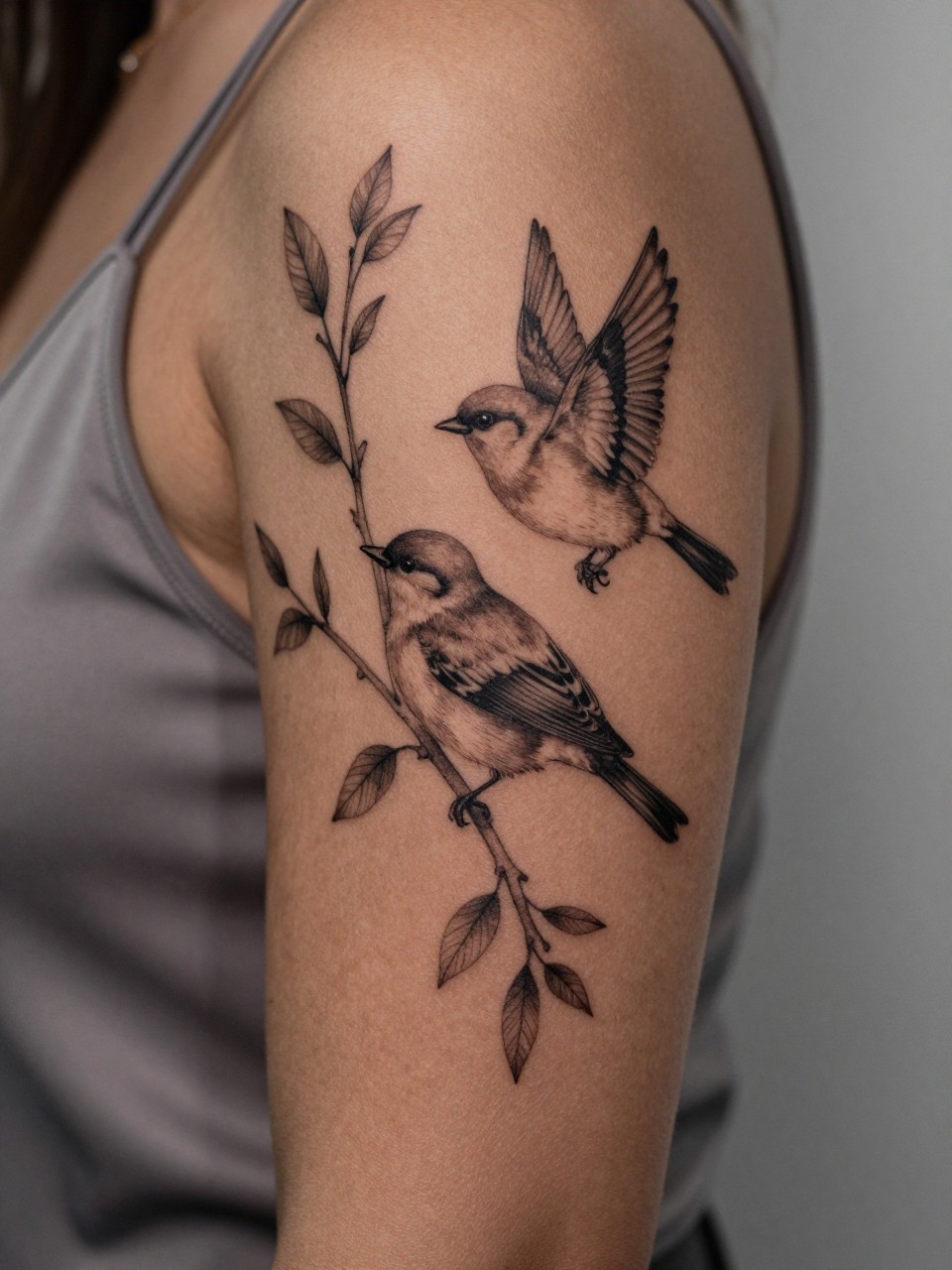 close-up of a bird and branch sleeve tattoo on dark skin, small birds perched and in flight with delicate branches and leaves covering the arm, black ink, fine line detail, realistic skin texture, silk blouse strap visible, soft blurred background, design-focused modern feminine tattoo photo (no watermarks on images)