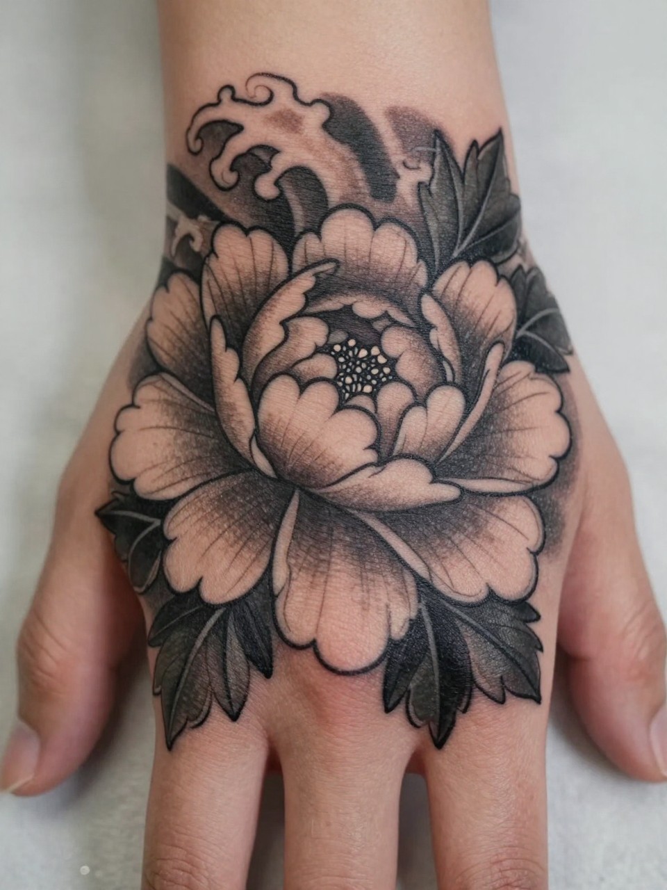 macro shot of a traditional Japanese peony and wave tattoo on the back of the hand, layered peony petals, curling wave details, black and grey ink, soft shading, bold traditional linework, realistic skin texture, design-first tattoo image, soft neutral background, tattoo inspiration image (no watermarks on images)