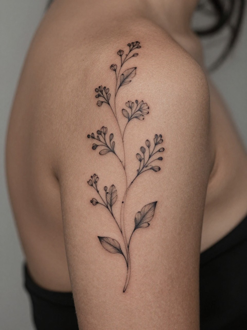 close-up of a floral vine spine tattoo on dark skin, fine line vine with tiny buds and leaves flowing down the back, clean black ink, delicate feminine design, realistic skin texture, open-back top visible, design-focused close-up, blurred neutral background, modern tattoo photography (no watermarks on images)